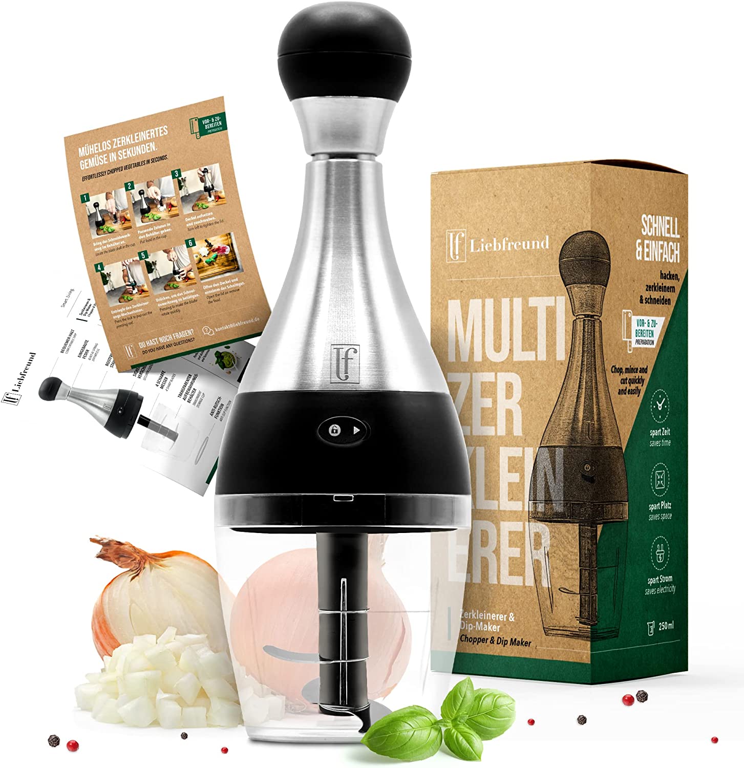 Liebfreund® Multi-chopper manual - handy universal chopper for small quantities (250 ml) - perfect for onions, garlic, nuts, tomatoes, fruit, baby food