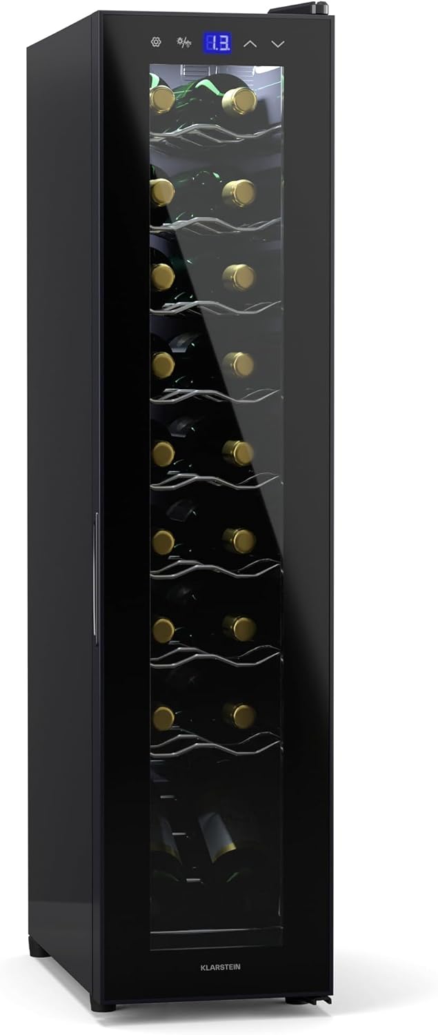 Klarstein Wine Refrigerator, 1 Zone Drinks Fridge with Glass Door, Quiet Indoor/Outdoor Fridge, 50 L Bottle Refrigerator, Small, Wine Cabinet for Drinks, Wine Cooler for 18 Bottles