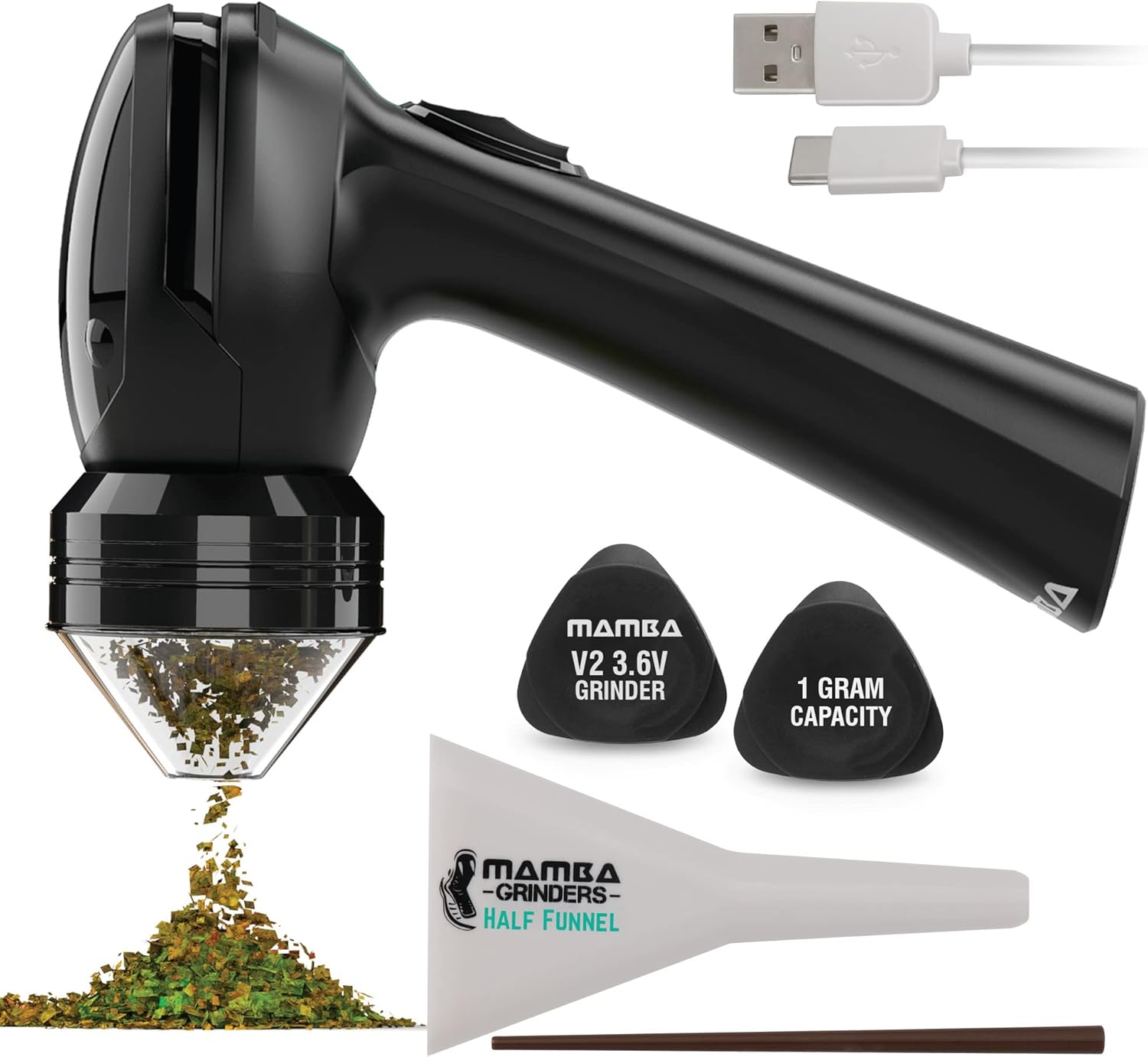 Mamba Electric Pollen Crusher in Black, Grinds Herbs, Spices up to 1 g Feeling, USB Cable and Dosing Aid Included