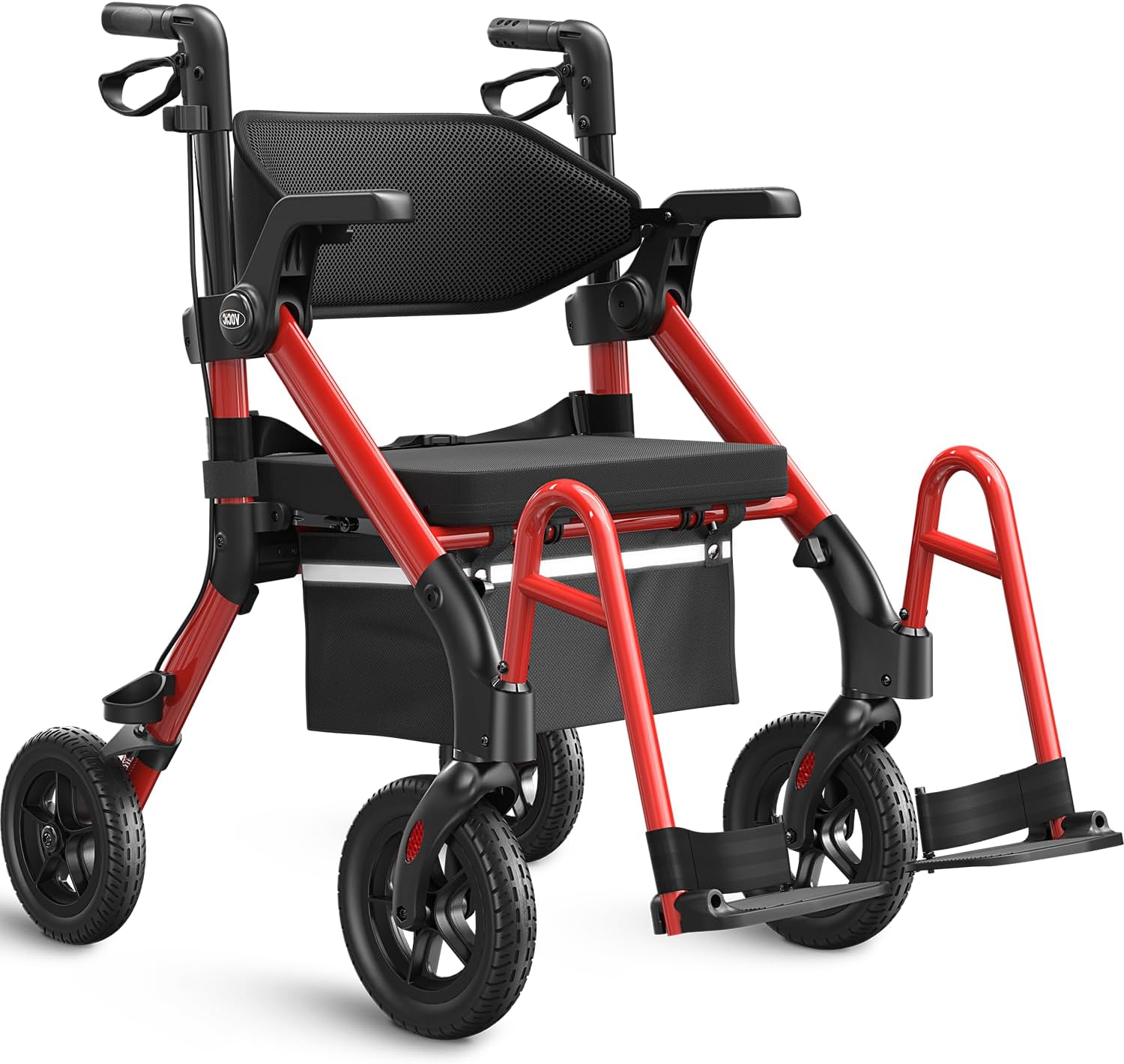 VOCIC Z55 Rollator Wheelchair Foldable and Lightweight with Seat, 2-in-1 Wheelchair Folding Rollators for Seniors, Outdoor Rubber Tires for All Terrain, Aluminum Walker Transport Chair, Dark Red