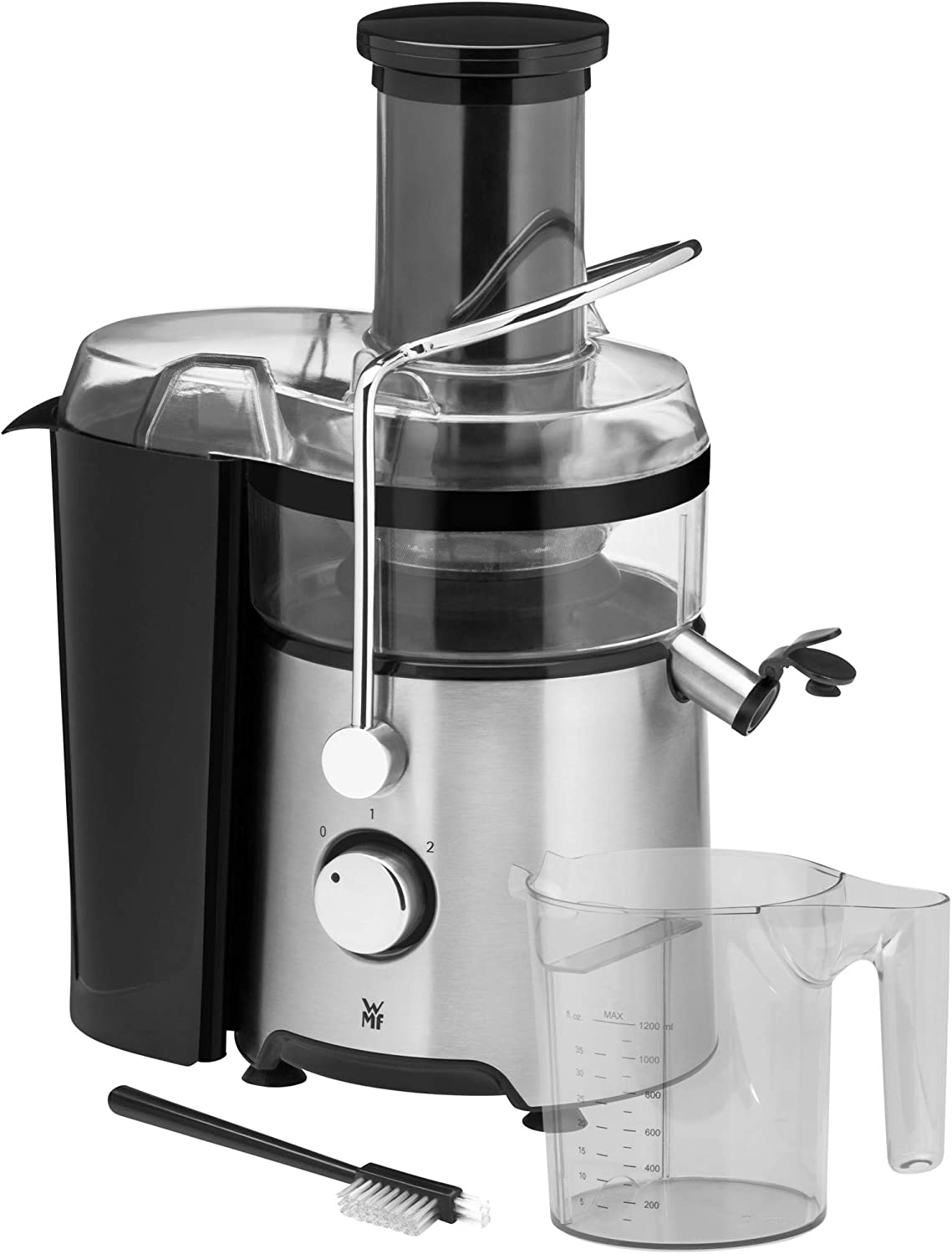 WMF Kult X Juicer Electric Fruit Vegetables 500 W for Large Fruit Pieces Juice Jug 1.2 L Foam Filter 2 Speed Settings Stainless Steel Matte
