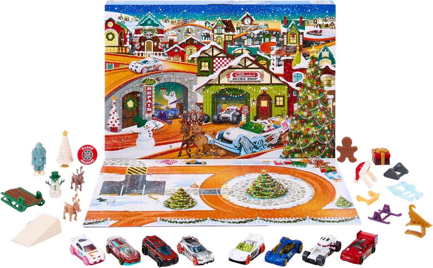 Hot Wheels Advent Calendar - 8 Cars and 16 Winter Accessories Behind 24 Numbered Doors, Includes Play Mat, for Children Fans, HKL74