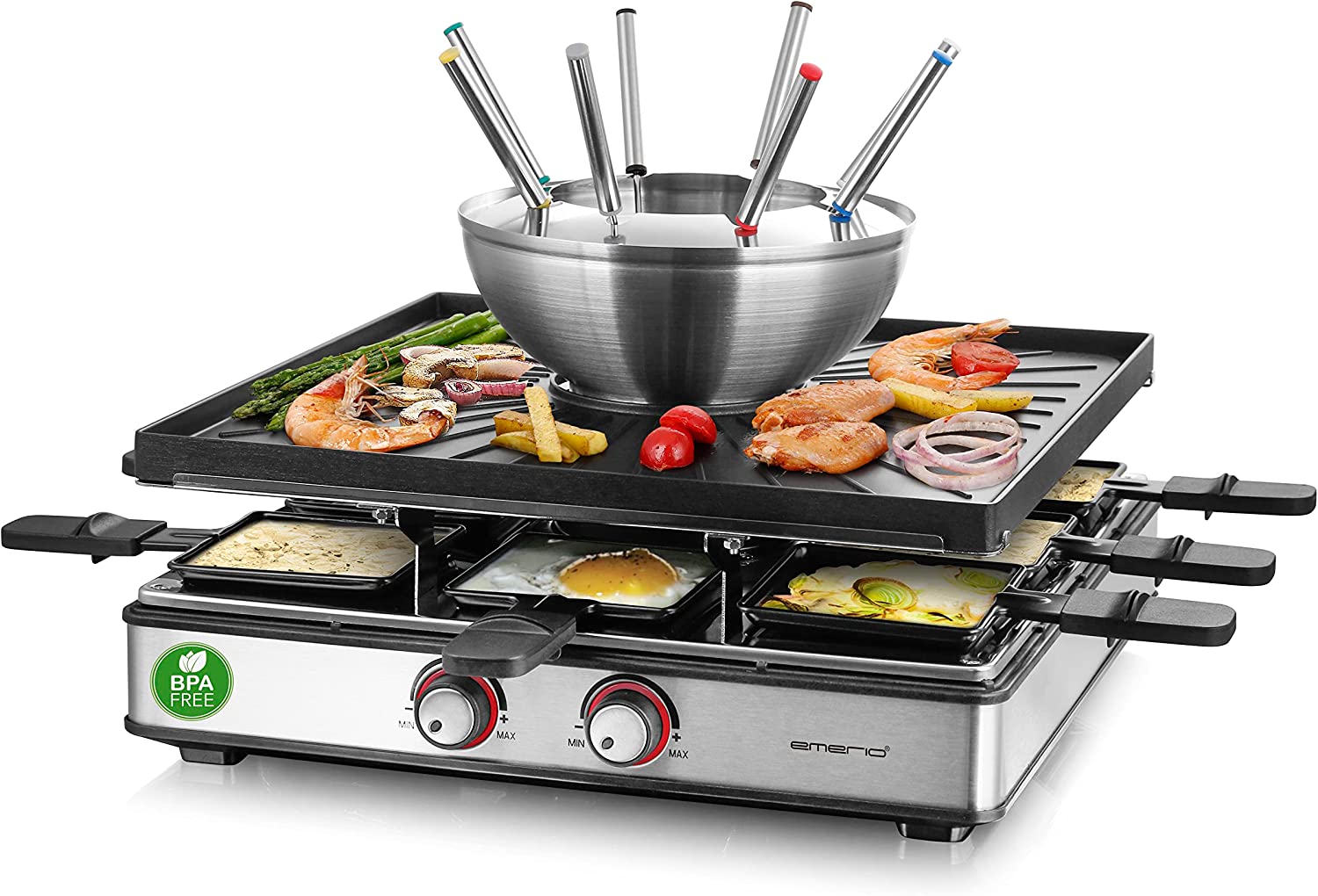 Emerio 3-in-1 raclette station for up to 8 people, grill fondue, electric, temperature regulation, Frying Surface 38 x 37 cm, Lighting, 2200 Watts, Space-Saving, Stainless Steel, BPA-Free, RG-128187, Black