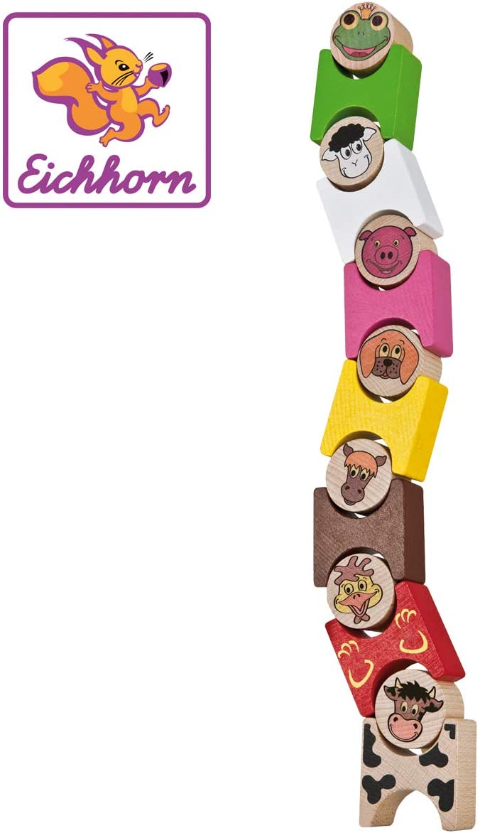 Eichhorn 100072315 Stacking Animals Farm 14 Pieces FSC 100% Certified Beech Wood Made in Germany Colourful