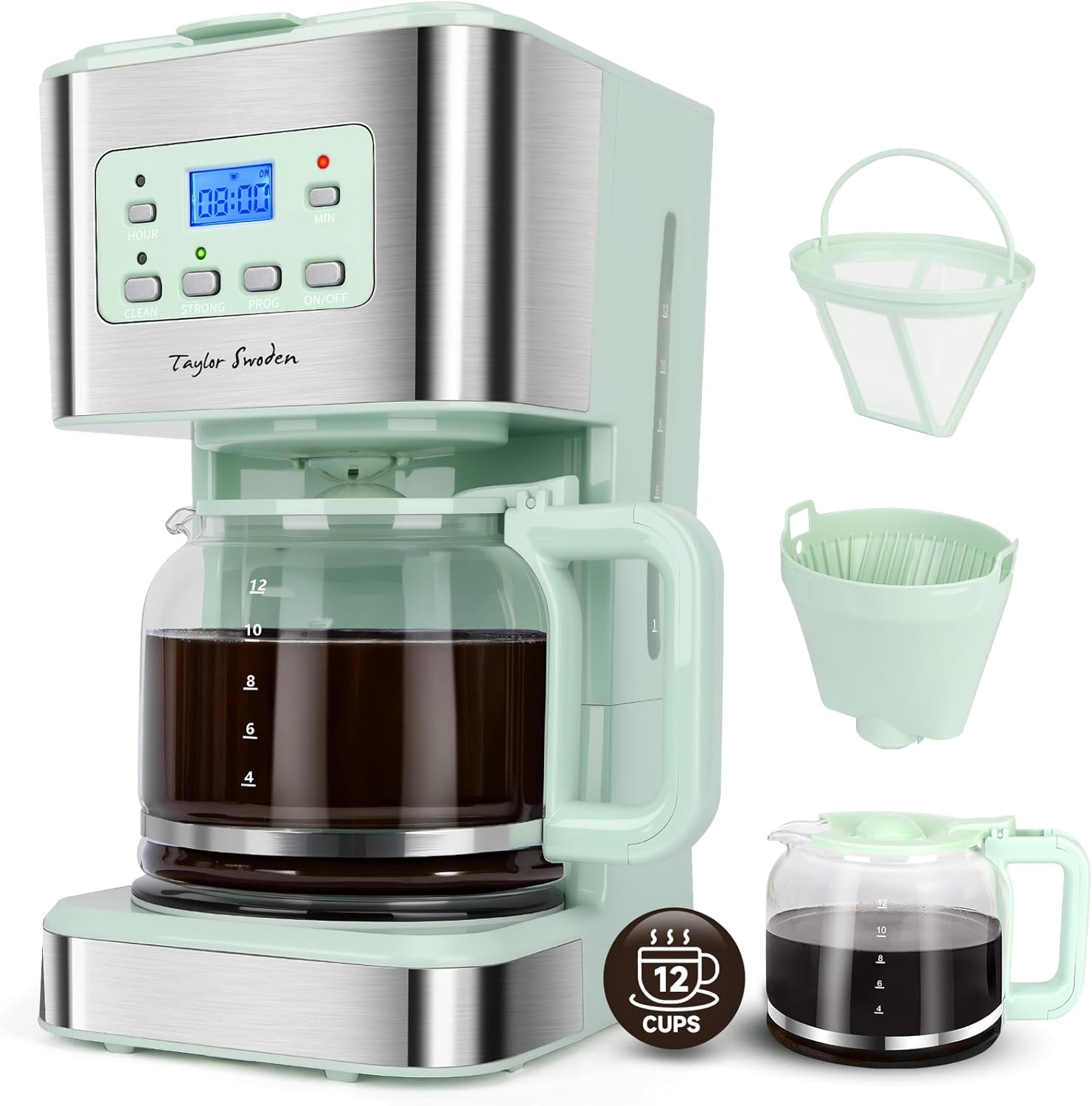Taylor Swoden Coffee Machine with Timer, 1.5 L Filter Coffee Machine, 12 Cups, Automatic Shut-Off, Drip Stop, Reusable Filter and Heating Plate, BPA-Free, 950 W, Green