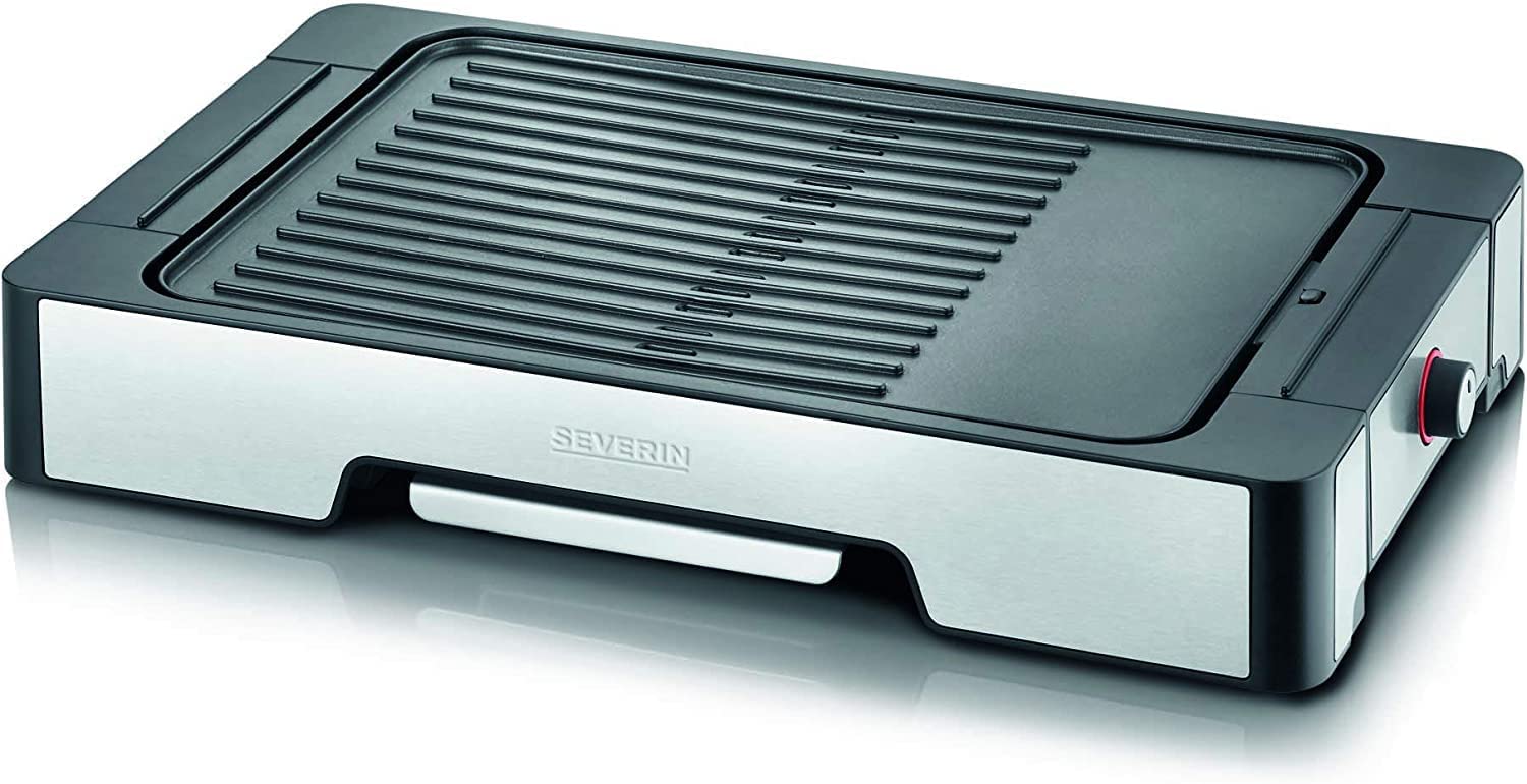 SEVERIN PG 8610 Plancha Grill (2,300 W, Non-Stick Coating, Grill Plate (L x W): 39 x 27 cm) Long XL Cable 2 m Stainless Steel / Black