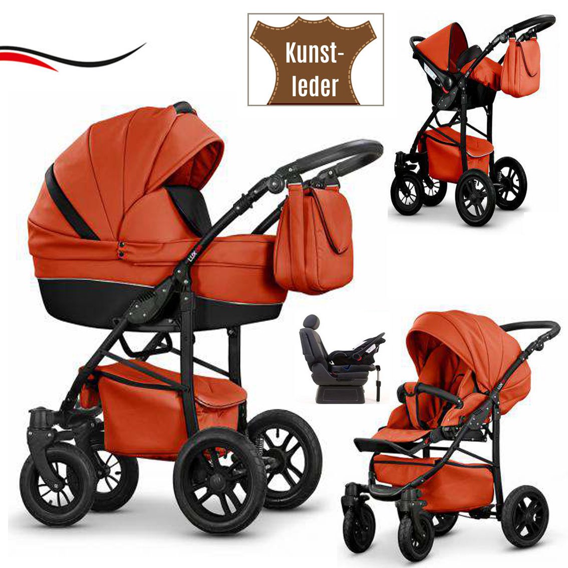 dein_babyladen 17 Piece Quality 4-in-1 Cosmo Eco Travel System – Artificial Leather: Pram + Buggy + Child Car Seat + Iso Base + Swivel Wheels – All Inclusive Package in 37 Great Colours