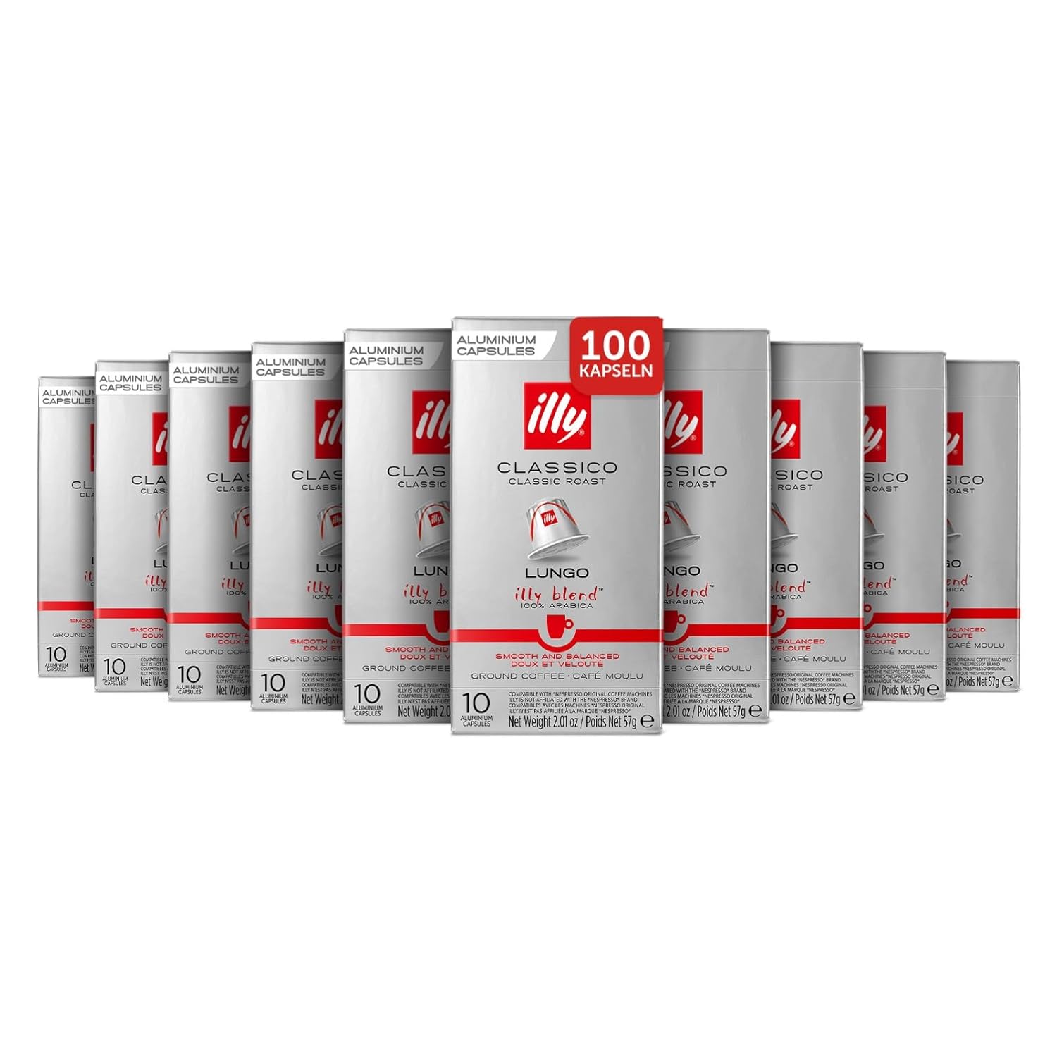 illy, Compatible Aluminum Coffee Capsules CLASSICO Lungo, 100% Arabica with Notes of Orange Blossom and Jasmine, Gentle Aroma and Sweet Aftertaste, 10 Packs of 10 Capsules (100 Total)