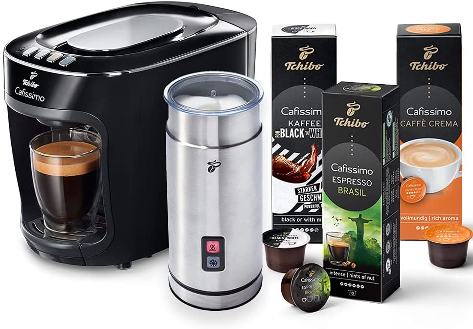 Tchibo Cafissimo Mini Coffee Machine Capsule Machine with Electric Milk Frother and 30 Capsules for Caffè Crema, Espresso, Coffee and Milk Specialities, Black