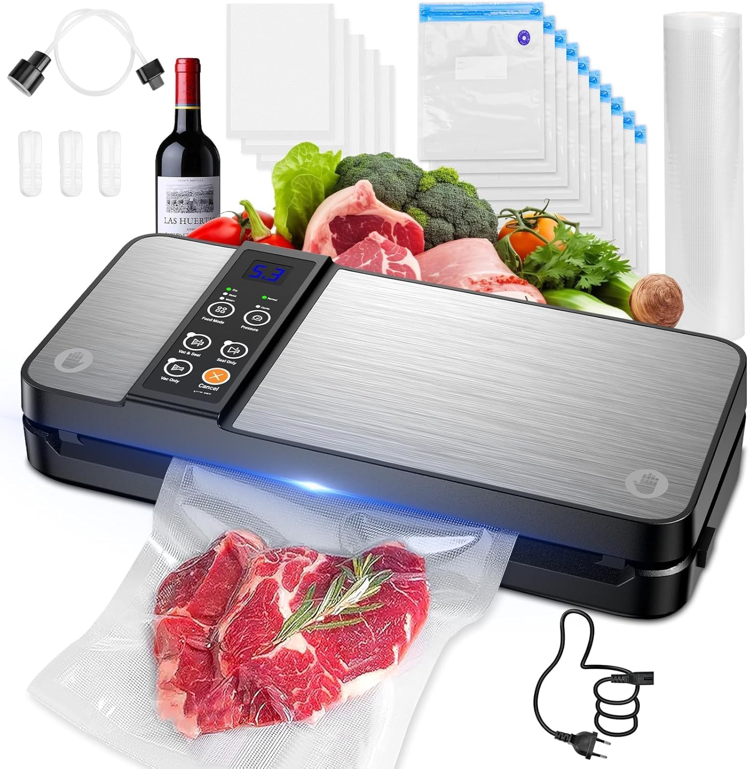 Vacuum Sealer 8-in-1 Vacuum Sealer 80 KPA Strong Vacuum for Dry Moist Food, Vacuum Sealer with Built-in Cutter and Bag Storage Digital Countdown (Black)