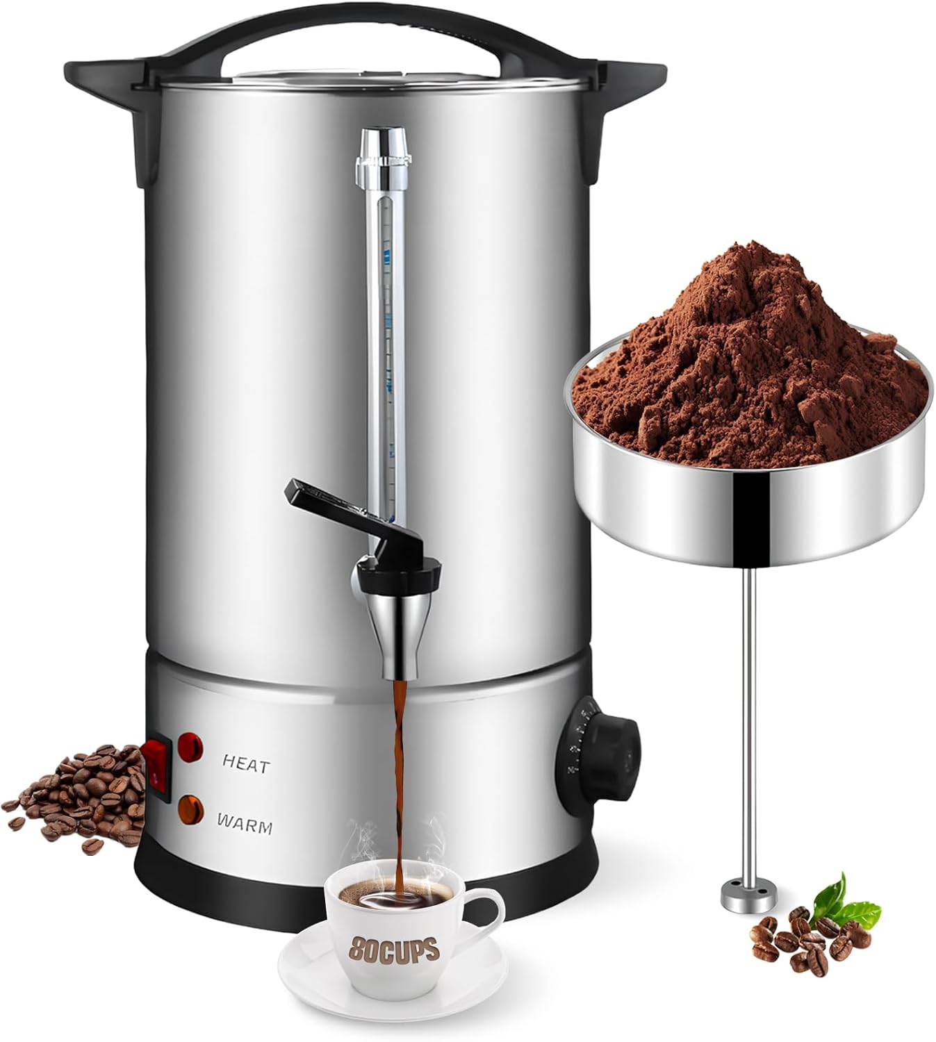 Coffee Maker 12L with Stainless Steel Filter 80 Cups Commercial Stainless Steel Coffee Maker Keep Warm Function for Events Catering Water Heater Tea Chocolate
