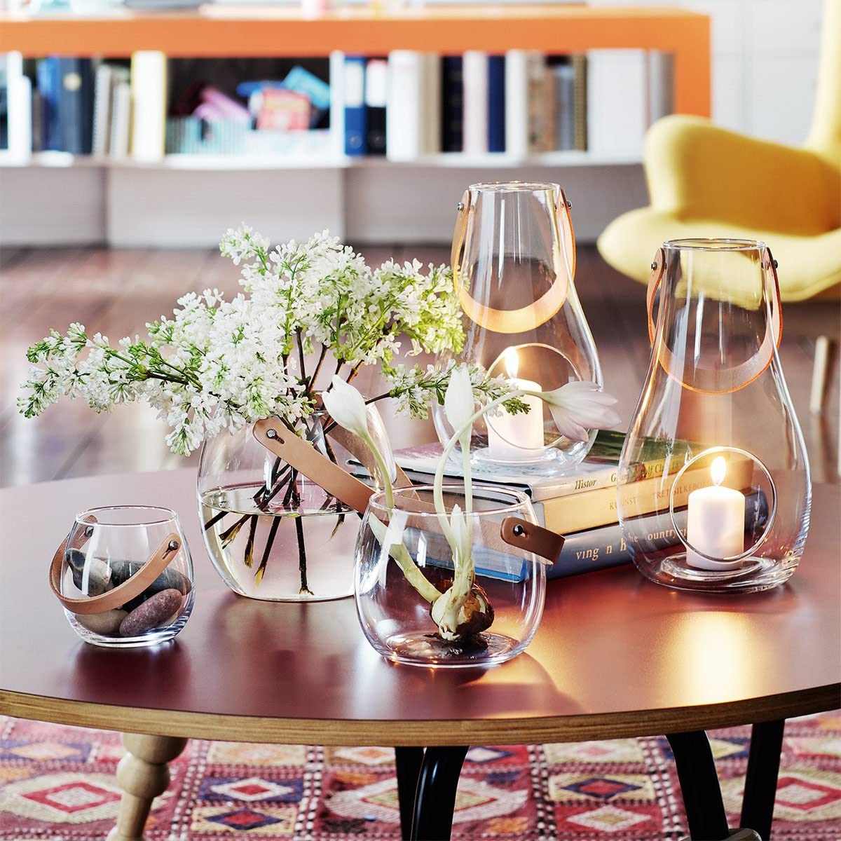 Holmegaard Design Light with Glass Bowl with Leather Handle, Wind Light, Vase, Glass, Transparent, H 12 cm, Ø 15.5 cm, 4343517