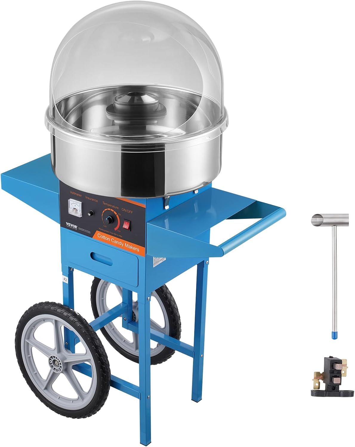 VEVOR Electric Candy Floss Machine with Cart, 1000W Commercial Cotton Candy Machine with Cover, Stainless Steel Bowl, Sugar Scoop and Drawer, for Kids Birthdays, Family Parties, Blue