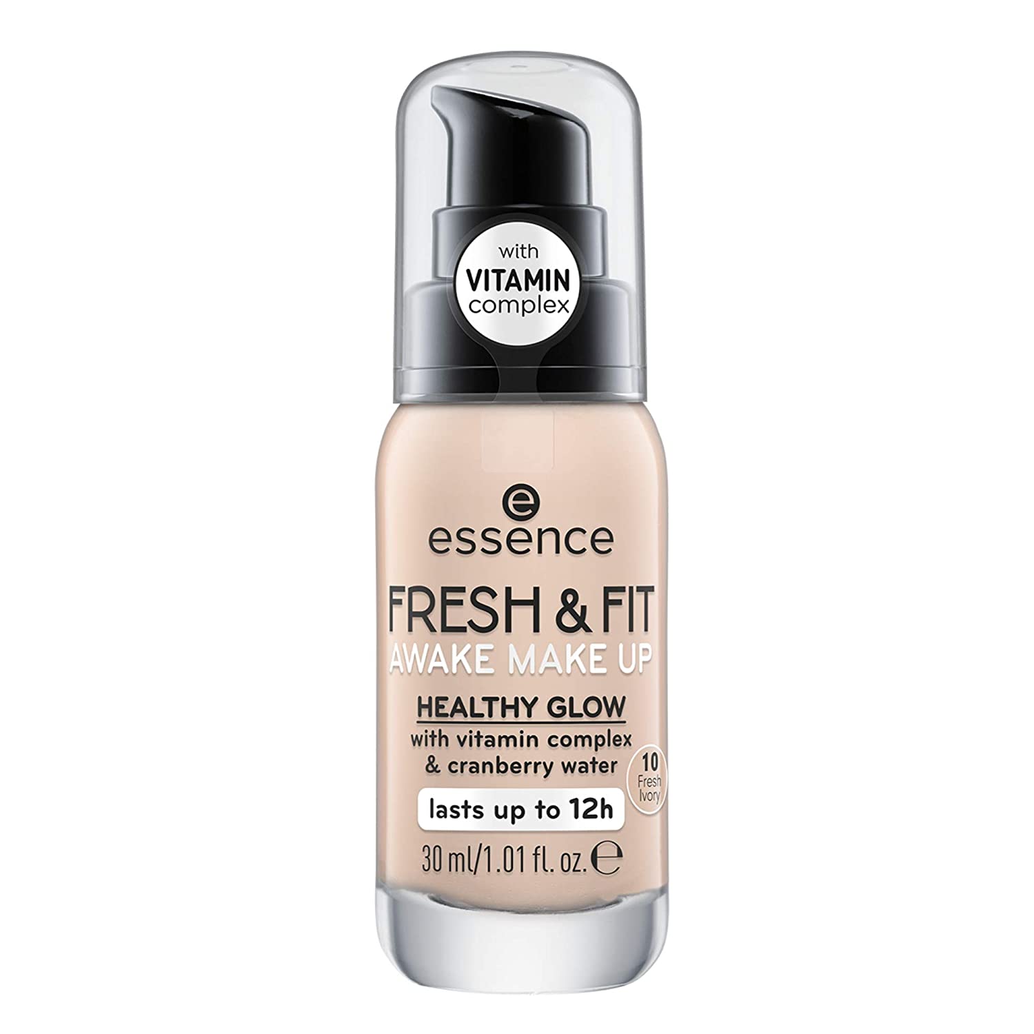 essence cosmetics essence Fresh & Fit Awake Make Up, Foundation, Healthy Shine with Vitamin Complex & Cranberry Water, Lasts up to 12 Hours, No. 10 Fresh Ivory, Nude Free, Paraben-Free (30 ml), ivory ‎10