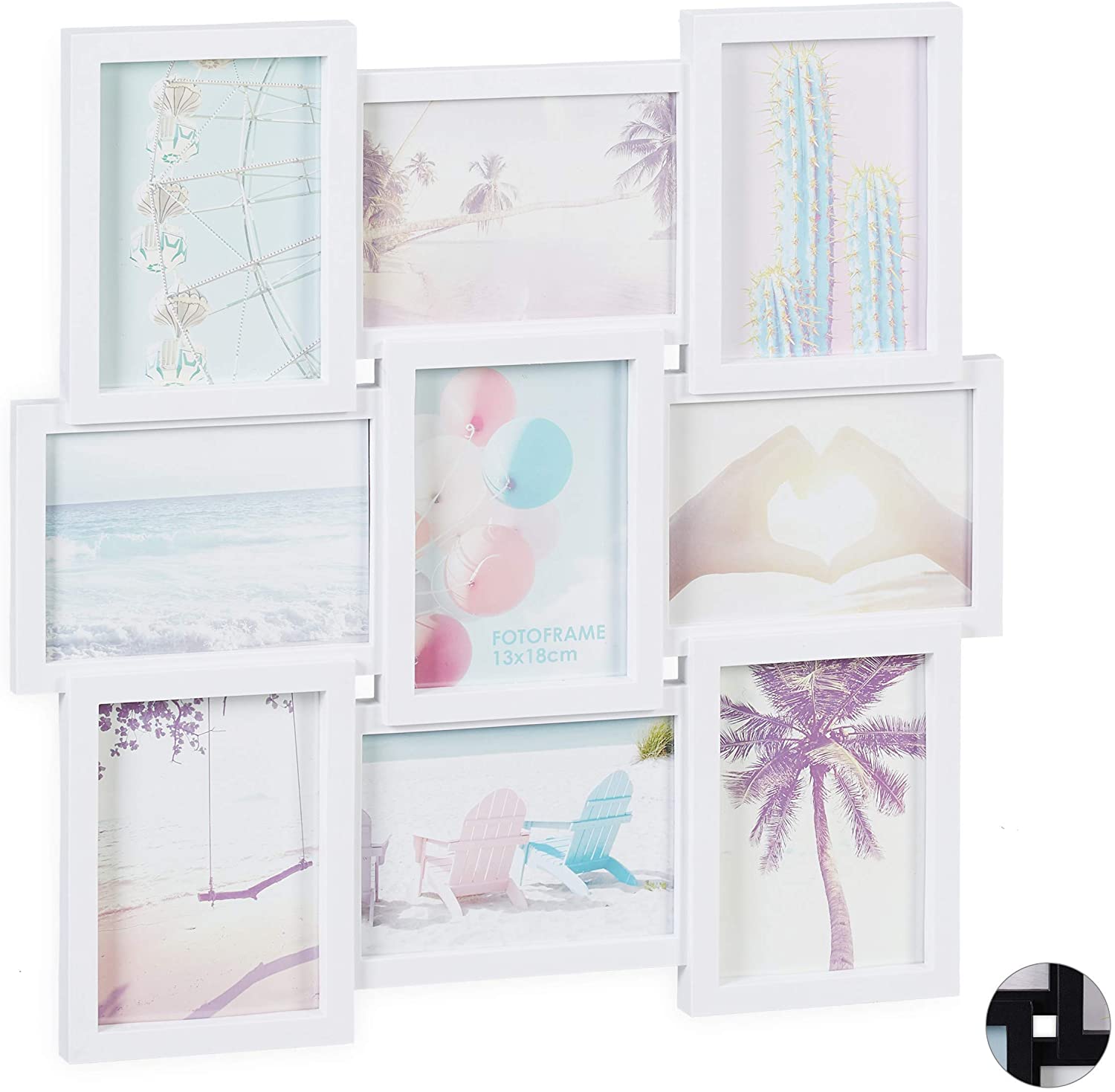 Relaxdays Collage Picture Frame for 9 Photos Portrait or Landscape Format Wall Plastic Frame HxW: 54 x 54 cm White