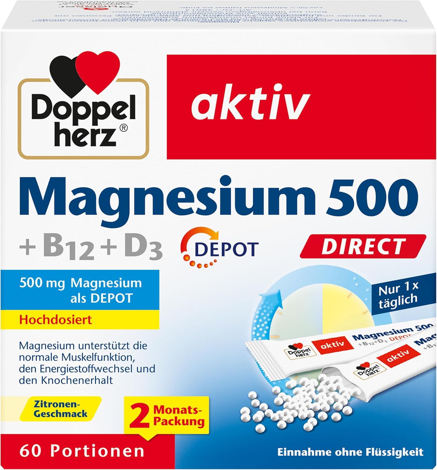 Doppelherz Magnesium 500 + B12 + D3 Direct with Depot Function - Magnesium as a Contribution to the Normal Function of Muscles and Nervous System - 60 Servings of Micro Pellets with Lemon Flavor