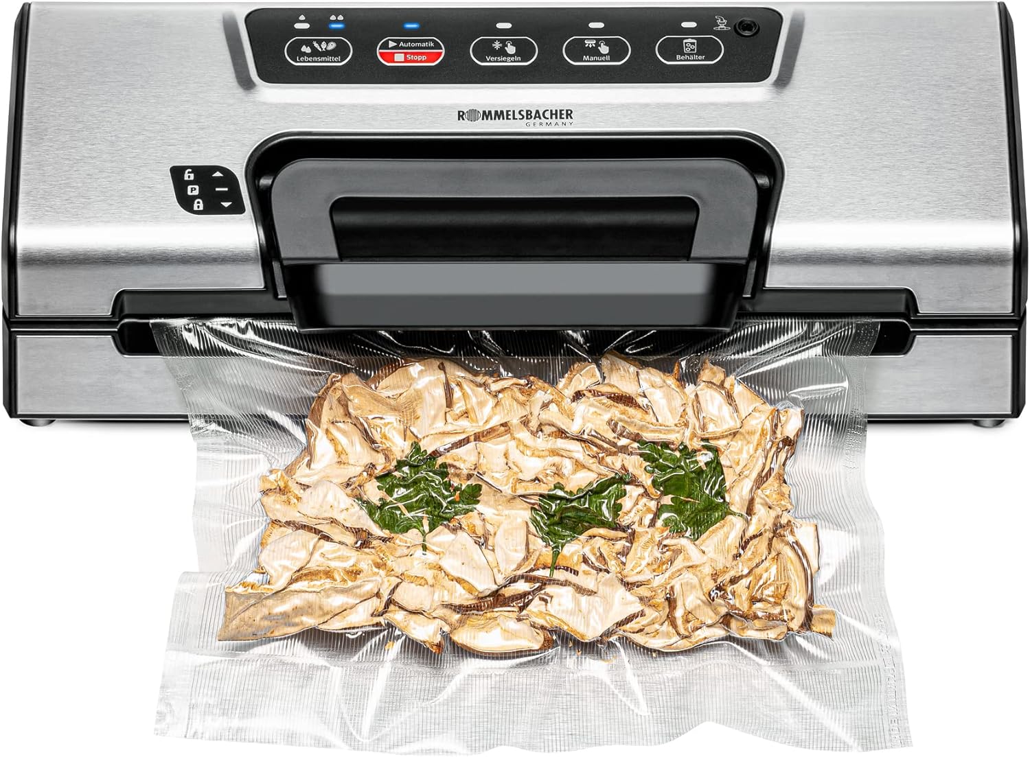 ROMMELSBACHER Vacuum Sealer VAC 385, 12 Liters/Minute, One-Handed Operation, Roll Compartment, Sturdy Sealing Seam, Hose Connection for Containers, Fully Automatic & Manual Vacuum & Seal, Stainless