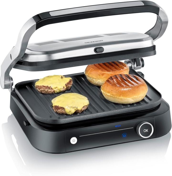 SEVERIN KG 2395 Multi-Grill Meat, 7 Automatic Programs, Multifunctional Electric Grill for Vegetables, Steaks and Paninis, Meat Grill with Non-Stick Plates, 1800 W, Stainless Steel/Black, KG 2395