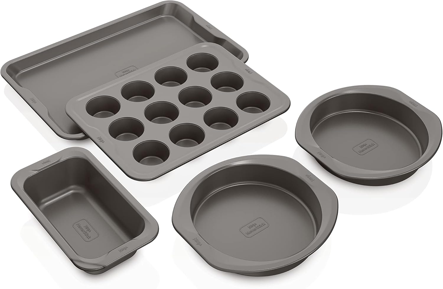 Ninja Foodi NeverStick B35005 Premium Bakeware Set, Oven Safe to 500 F, with 11" x 17" Baking Tray, 12 x 9" Loaf Pan, 12 Muffin Pans and (2) 9" Round Cake Pans, Gray