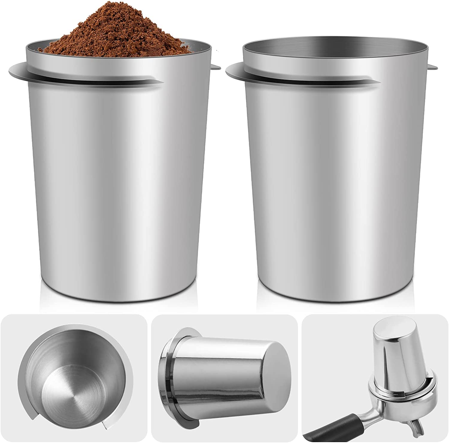 Vegena Coffee Filter Holder Dosing Cup, Stainless Steel Coffee Dosing Cup, 2 Pieces 58 mm Coffee Filter Holder Accessories, Coffee Dosing Cup Powder Feed Part for Espresso Machine, DIY Tools