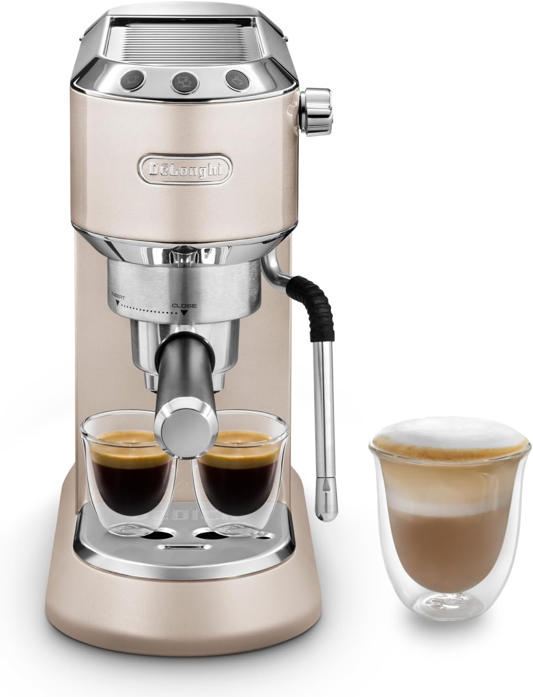 De\'Longhi Dedica Arte EC 885.BG, Espresso Portafilter Machine, Espresso Machine with MyLatteArt Milk Foam Nozzle, Compact Design, 15 cm Wide, 1 Liter Water Tank, Suitable for E.S.E Pads, Beige