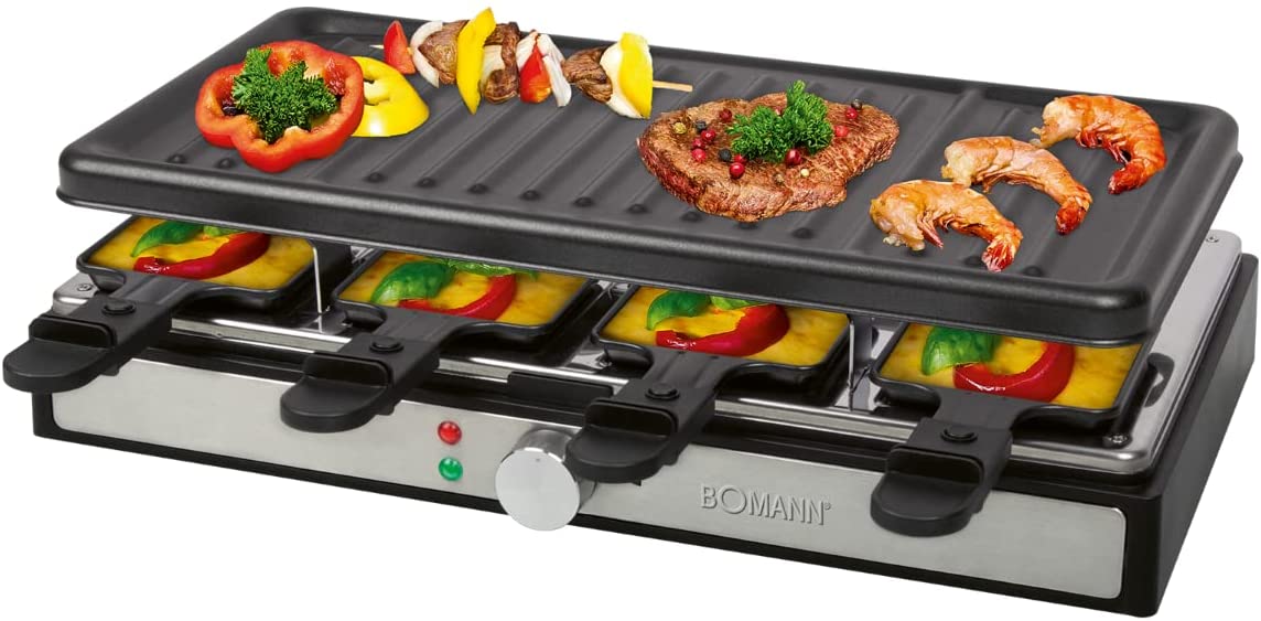 Bomann RG 6039 CB Raclette Grill, Raclette for up to 8 People, for Grilling and Baking, with Large Non-Stick Grill Plate (42 x 21 cm) and 8 Pans + Wooden Spatula, 1400 Watt