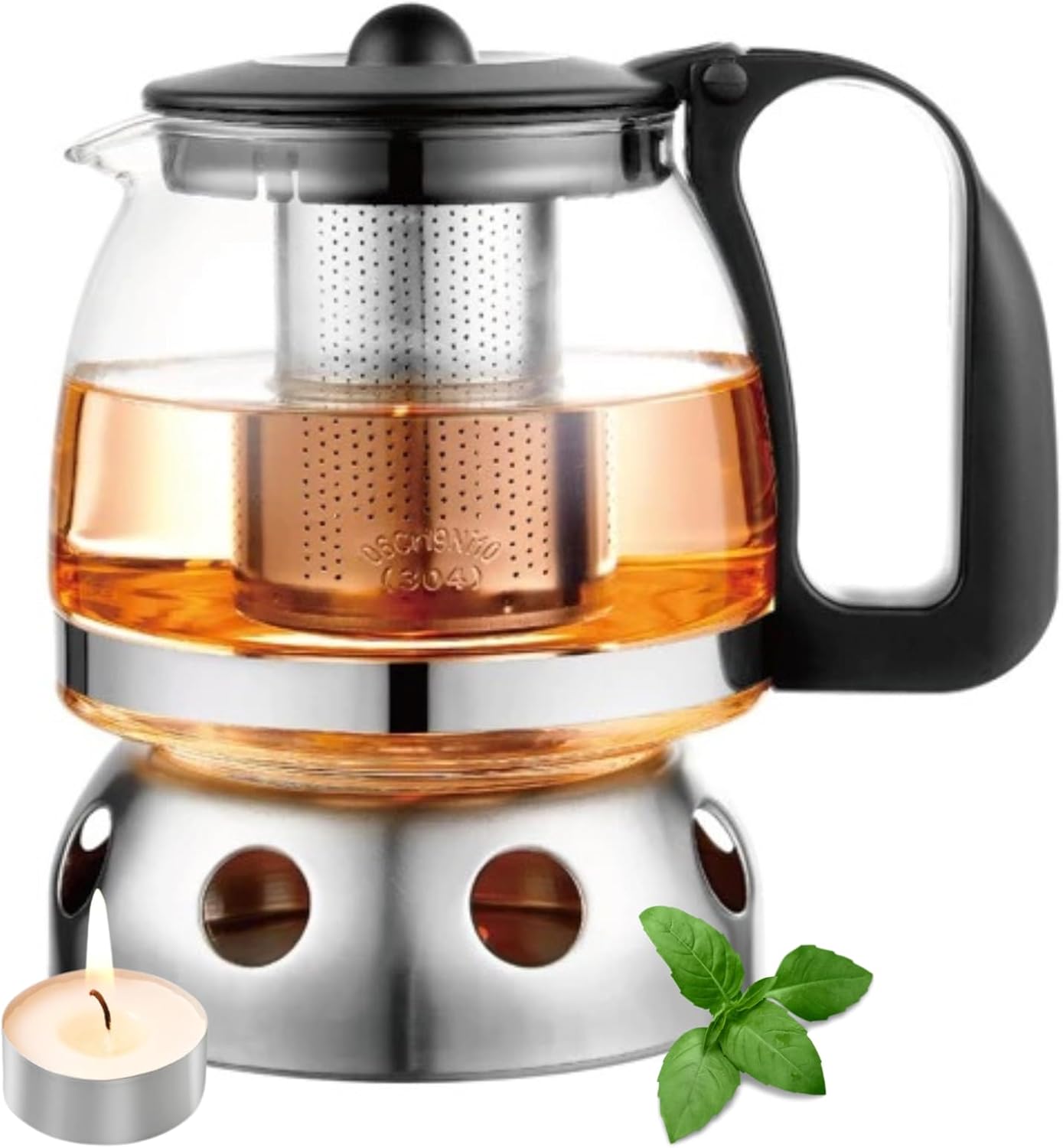 t24 Glass Teapot 1250 ml with Strainer Attachment Heat Resistant Removable Stainless Steel Filter Strainer Tea Strainer incl. Warmer.