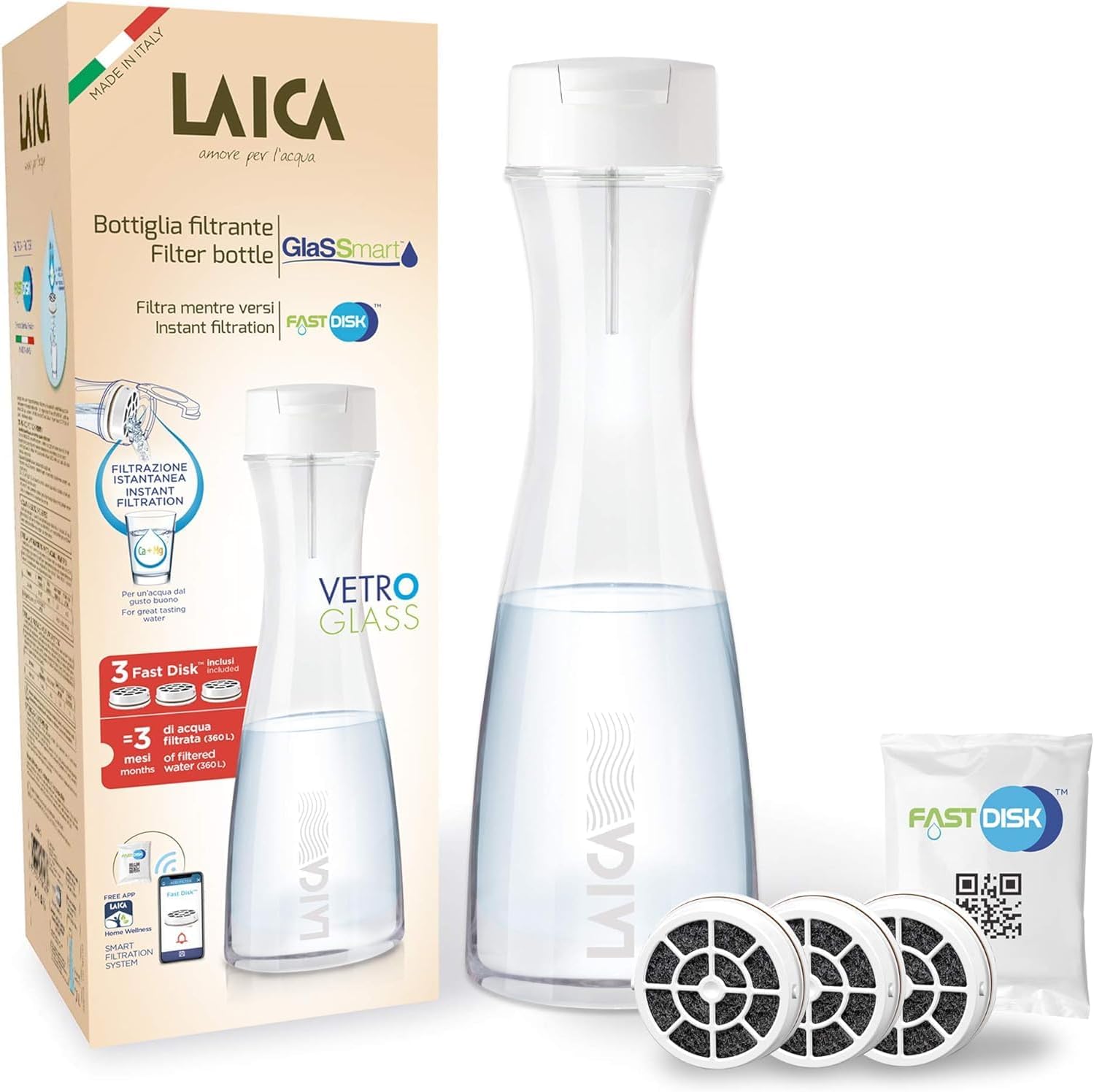 Laica Store Laica Bk31A Glassmart Glass Filter Bottle, 3 Fast Disk Filters Included, 360 Liters Instant Filtered Water, White/Clear, 13.8 x 13.8 x 38.8 cm, 1.06 kg