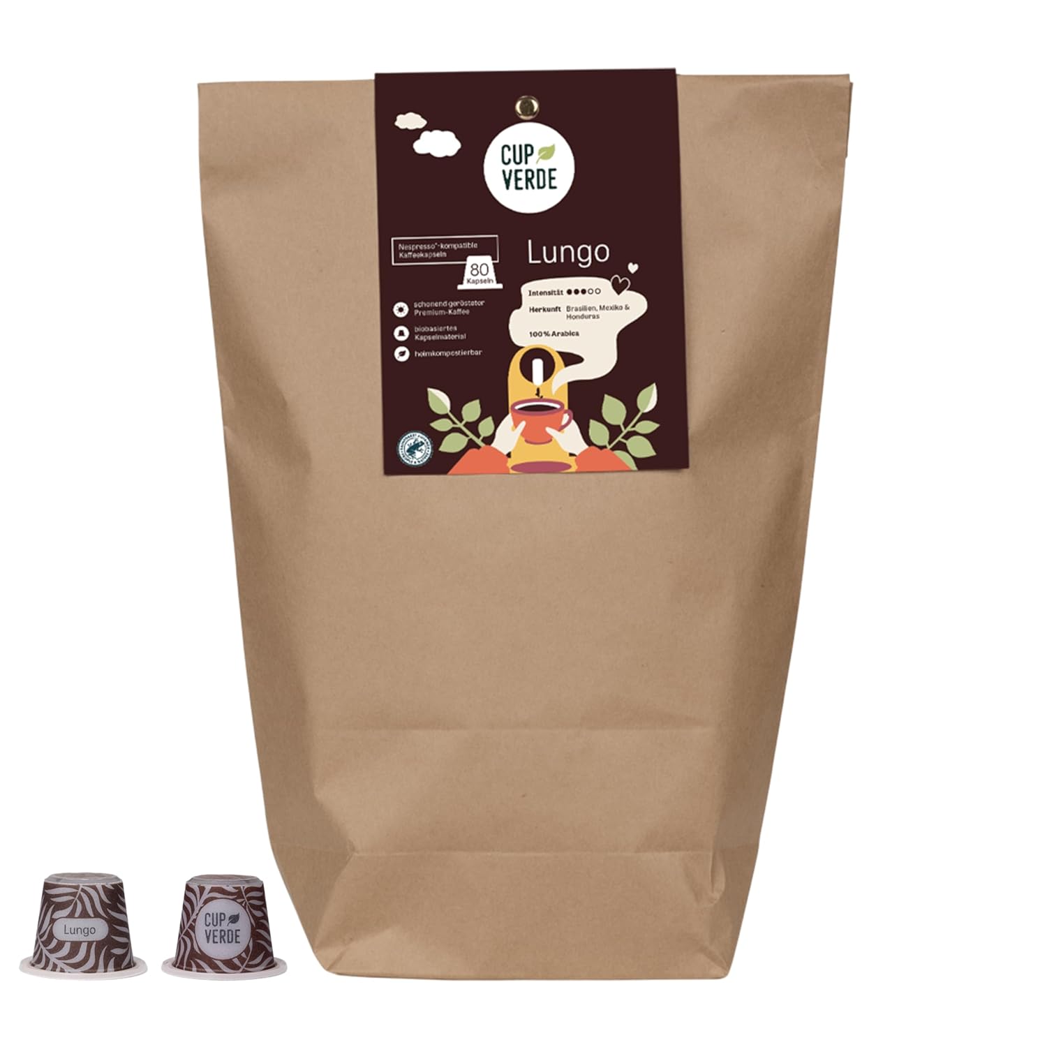 CUP VERDE 80 Lungo Coffee Capsules Compatible with Nespresso*/ Fine Aromatic / Home Compostable - Premium Arabica - Gently Roasted