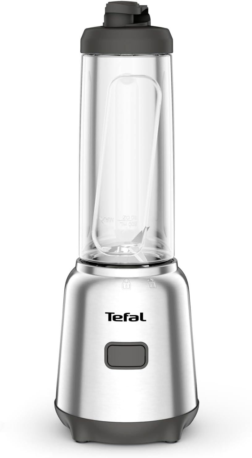 Tefal Mix and Move BL15FD Mini Stand Mixer, 300 Watt, 2 Bottles of To-Go in Premium Tritan, Compact Design, Easy to Clean, Removable Blades, Single Button Operation, Silver/Grey