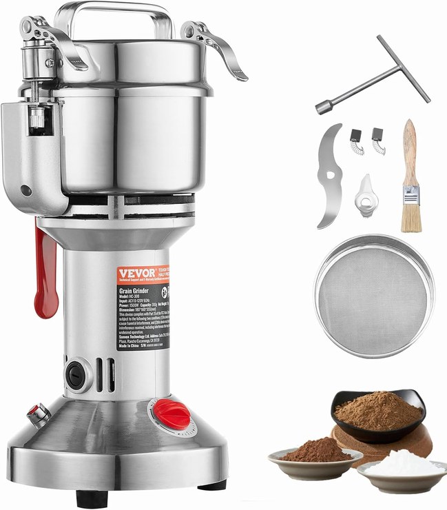 VEVOR Electric Grain Mill High Speed ​​Spice Mills 1500W 300g Stainless Steel Powder Machine for Dry Grains Spices Cereal Coffee Corn Pepper Silver 180 x 160 x 355 mm