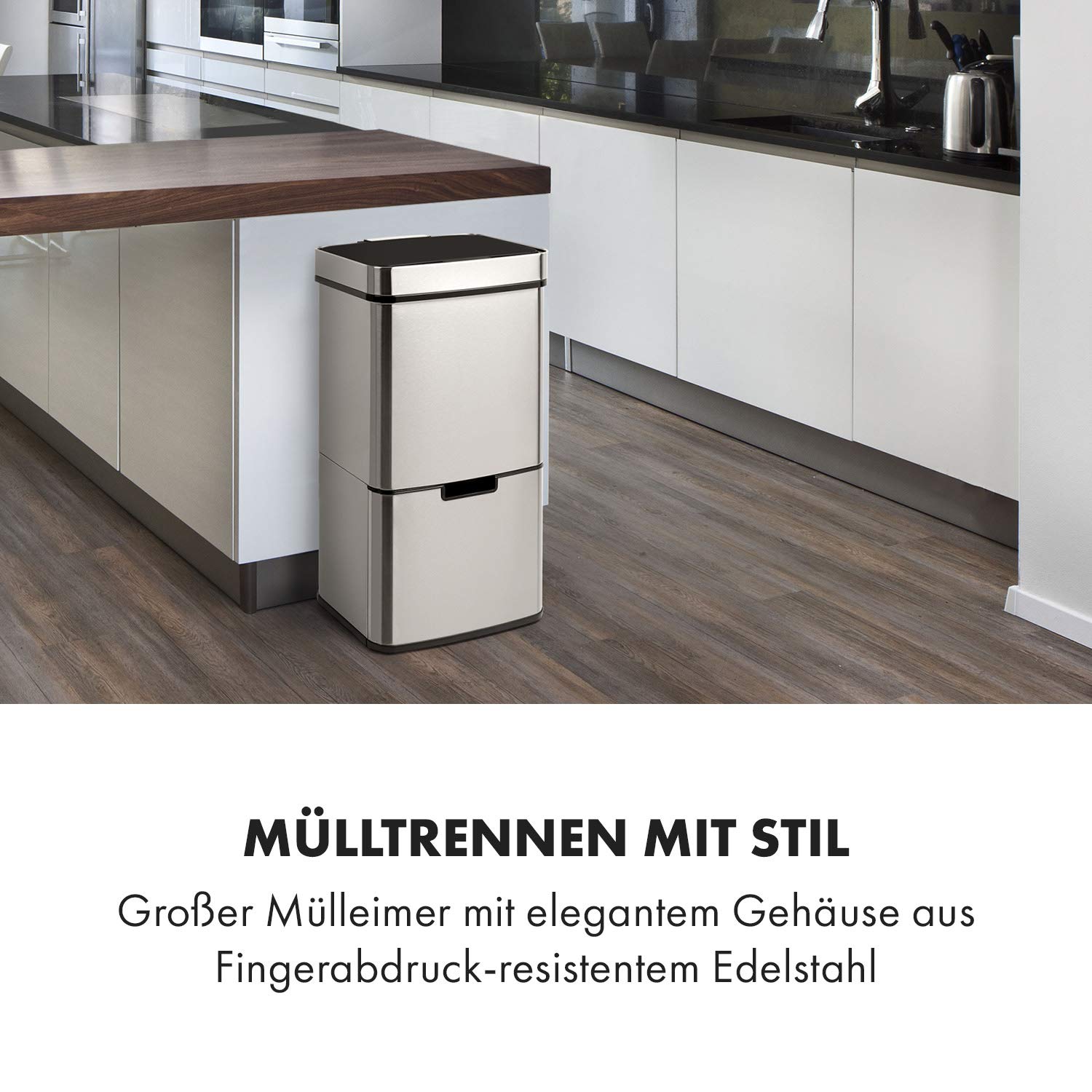 Klarstein Store Klarstein Touchless Sensor Bin, 72 Liter Volume in 4 Containers: 43 & 2 x 12.5 liters, organic waste bucket with lid: 4 liters, touchless: automatic opening and closing, silver.