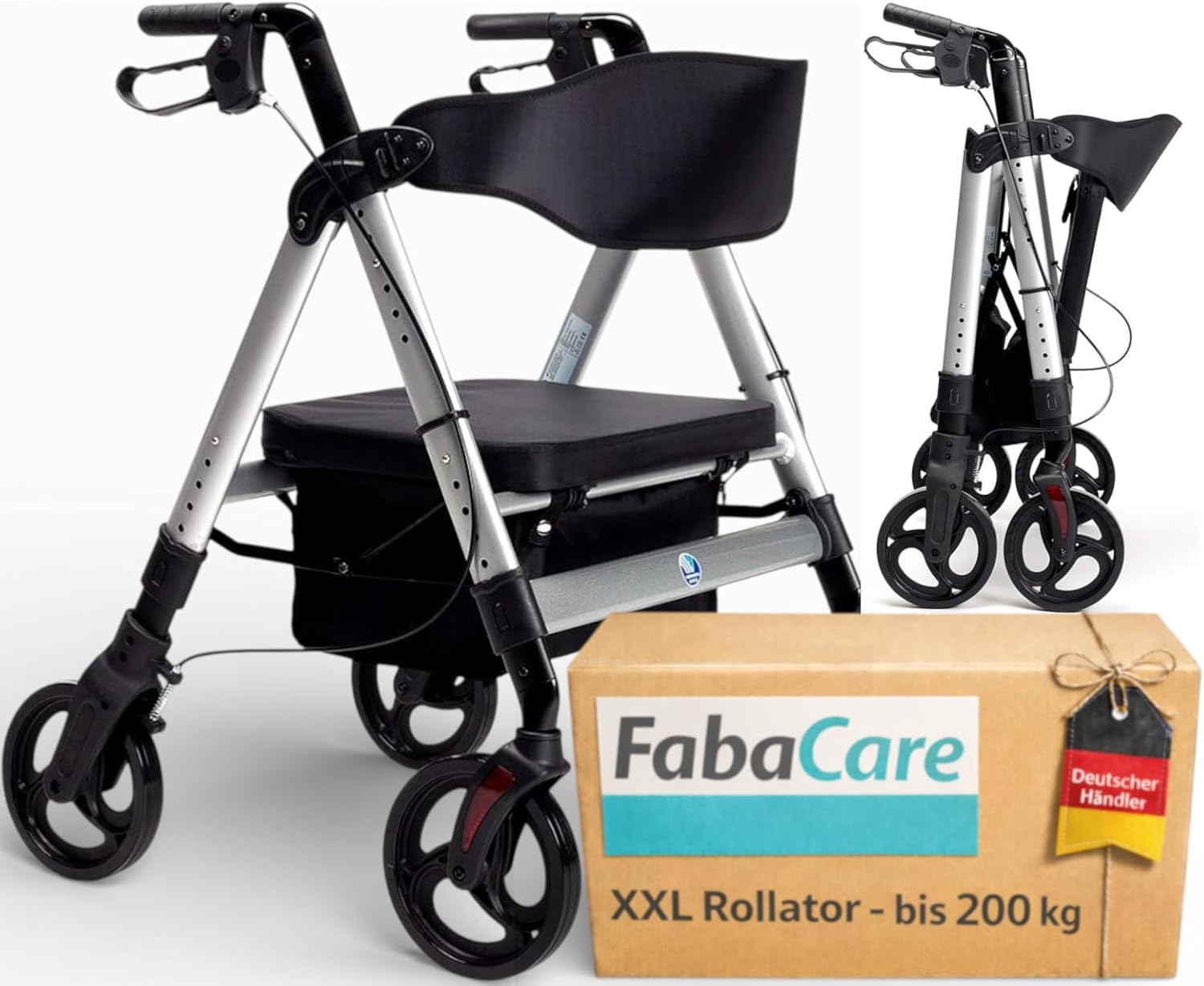 FabaCare Goliat XXL Rollator Height-Adjustable Foldable with Seat and Backrest, Bag, Walker, Trolley, up to 200 kg, Colour: Silver