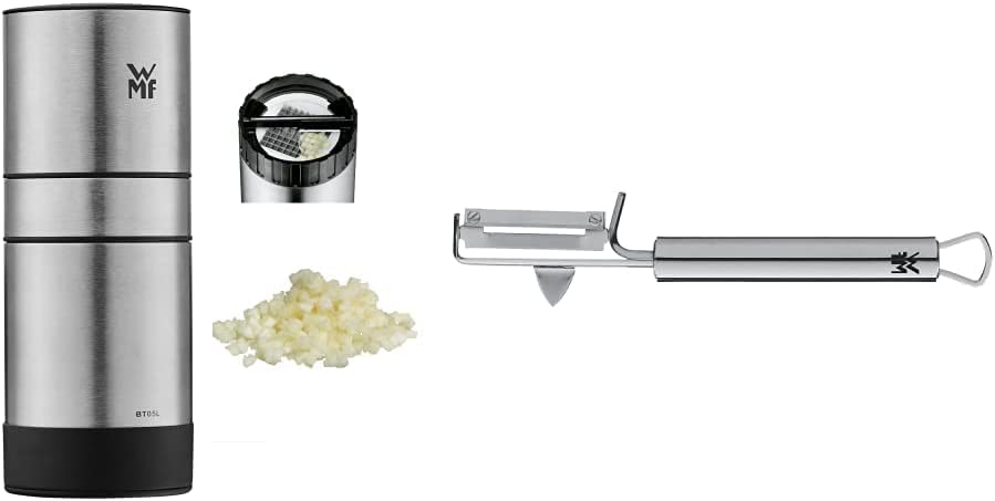 WMF Gourmet Garlic Cutter, 15 cm, Cromargan Polished Stainless Steel, Cuts Garlic into Small Cubes, Sealing Lid & Profi Plus Potato Peeler Pendulum Blade 19 cm, Single Edged Pendulum Peeler
