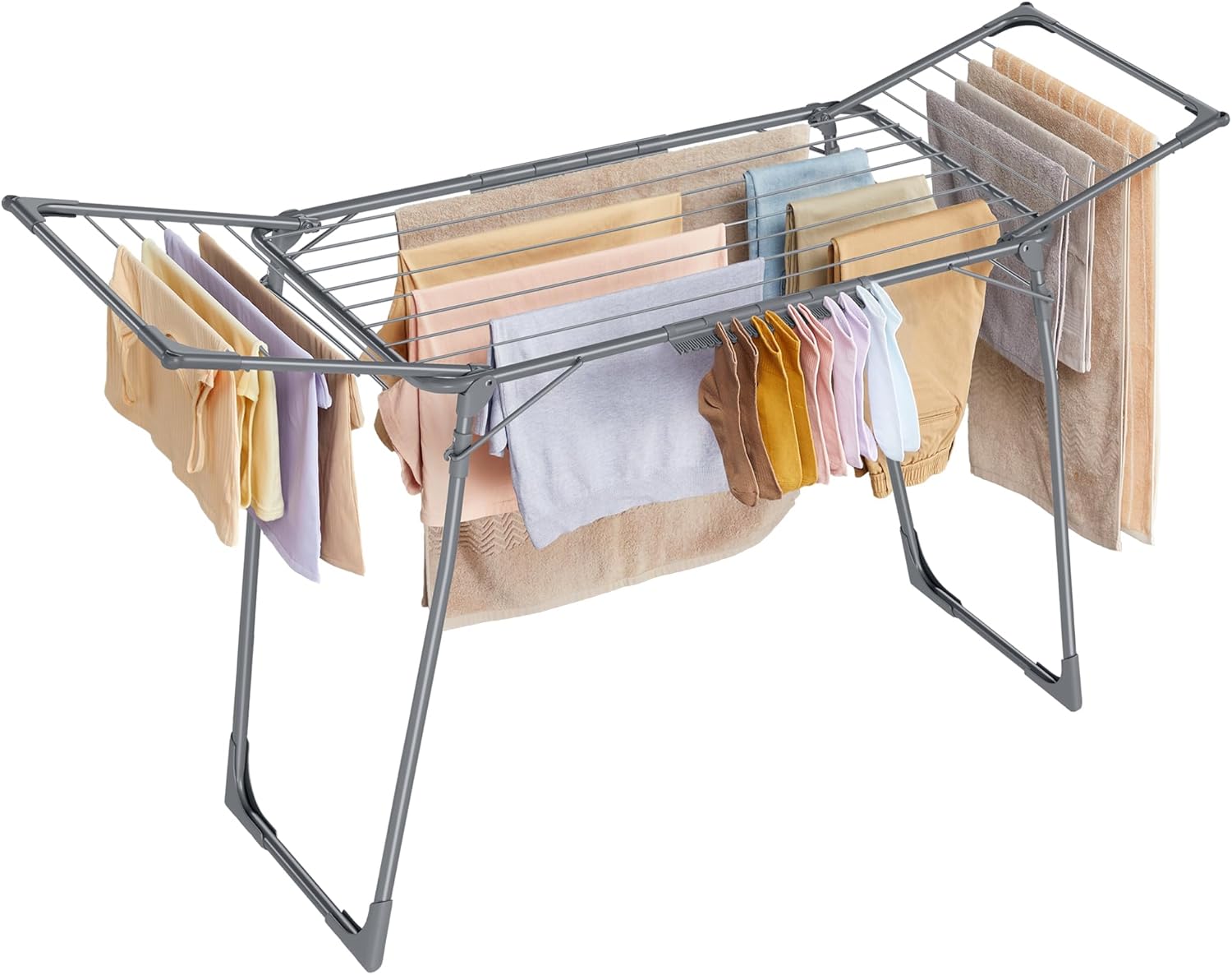 SONGMICS Store SONGMICS LLR518G01 Clothes Airer 52.5 x 173 x 96.5 cm Wing Clothes Airer Space Saving with Sock Holder Metal for Clothes, Towels, Laundry, Grey