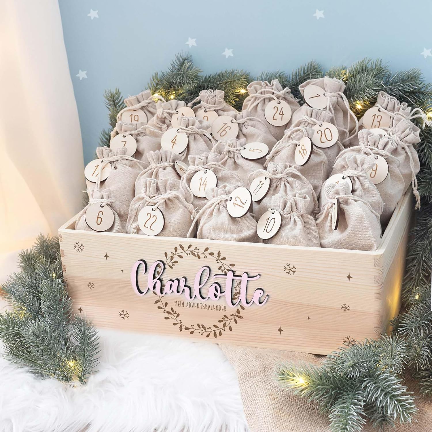 Personalized Advent Box - Wooden Advent Calendar with Name - Engraving Calendar DIY - Christmas Calendar for Children - Hello Mini (Christmas Wreath 3D)