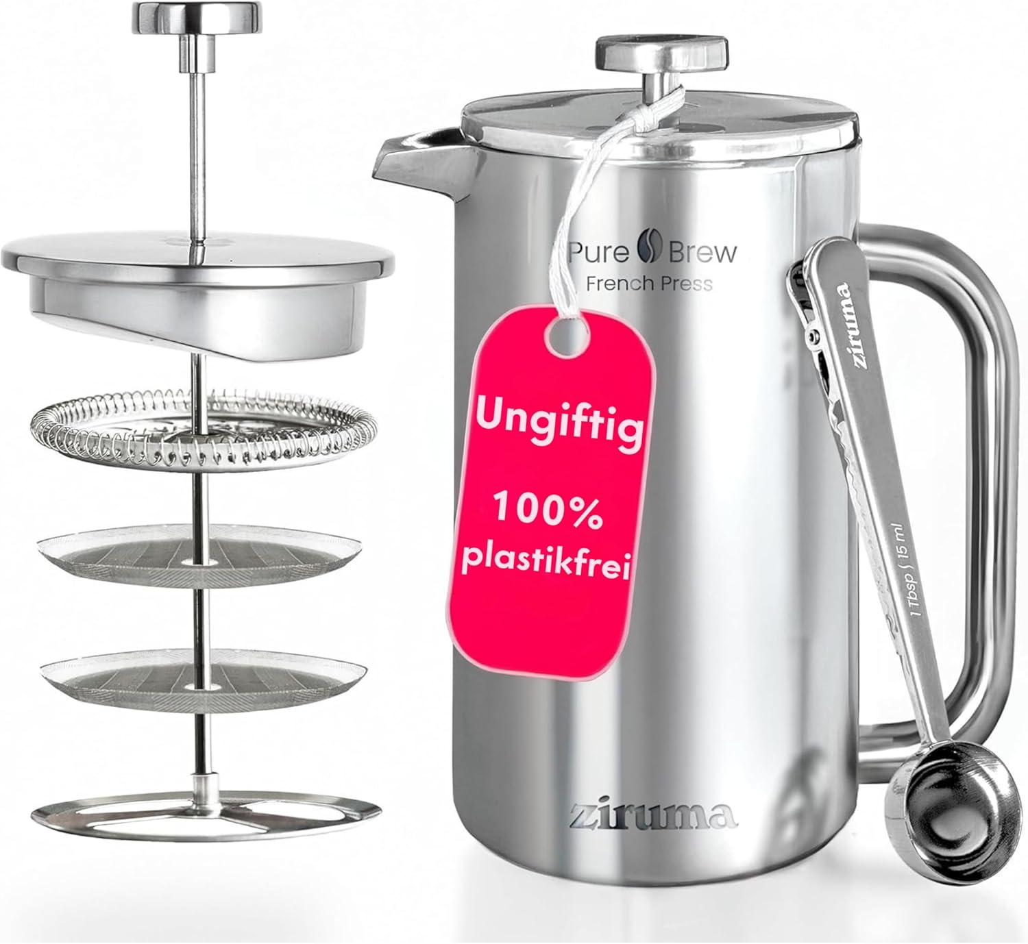 Plastic-free & non-toxic French Press – High-quality stainless steel coffee maker, double-walled insulated with thermal system, 4-stage stainless steel filter system – Ziruma French Press 1 liter