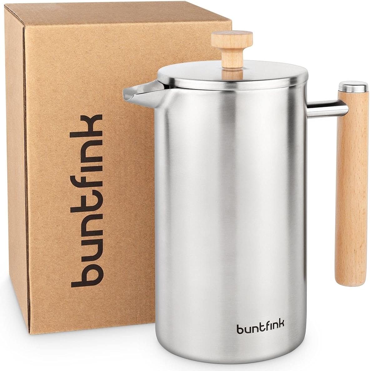 Buntfink French Press Thermo 1 Liter Stainless Steel and Wood Coffee Maker Double-Walled Insulated Coffee Press + Replacement Filter + Saucer Coffee Maker Plastic Free for 5 Cups