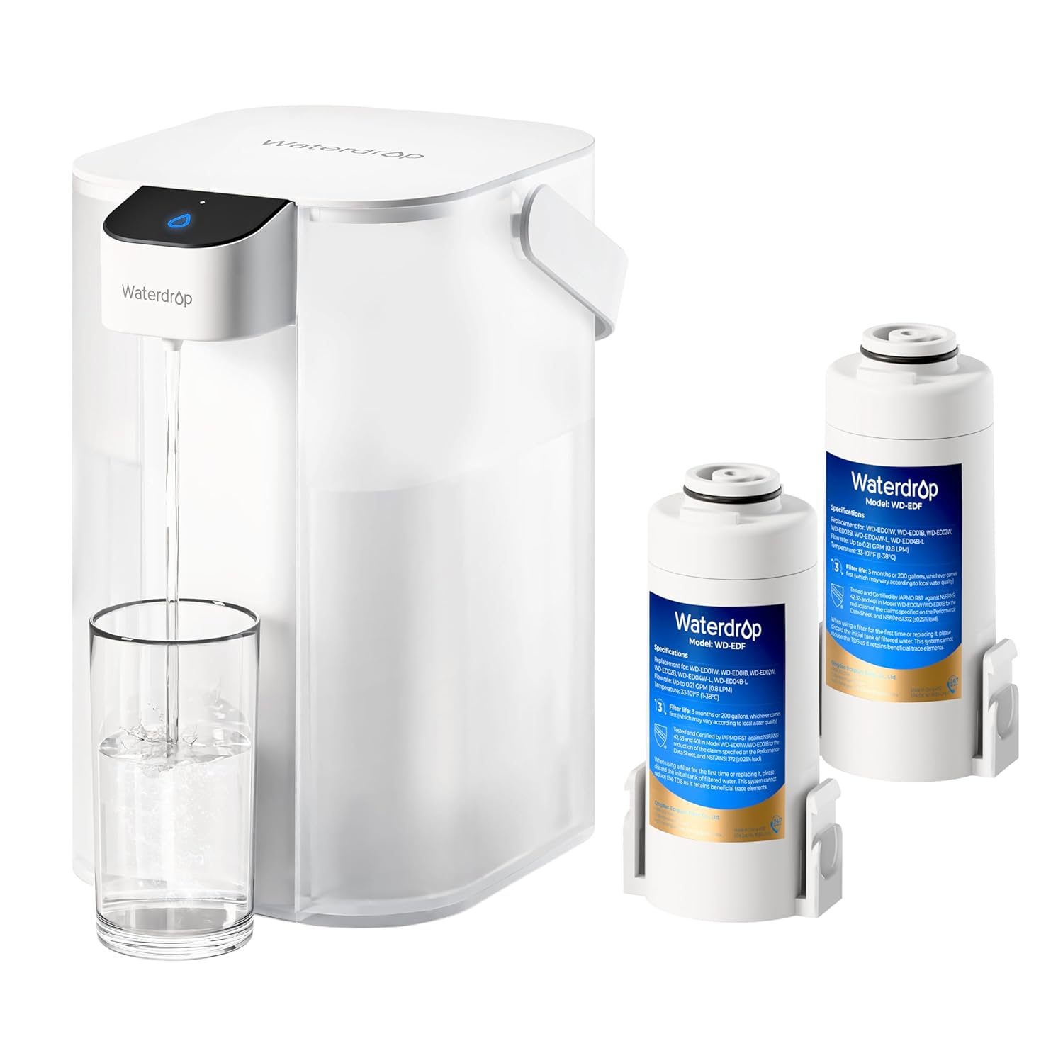 Waterdrop Instant Electric Water Filter Jug, 3.5 L 3 Month Water Filter, Outdoor Drinking Water System, Reduces Chlorine, Lead, Mercury, PFAS, PFOA/PFOS, White (with 2 757 Liter Filters)