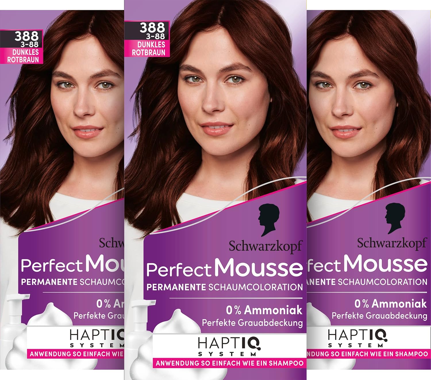Schwarzkopf Perfect Mousse Permanent Foam Coloration 388/3-88 Dark Reddish Brown (3 x 93 ml), Hair Color with Perfect Gray Coverage, Coloration for Intensive Care and Radiant Shine