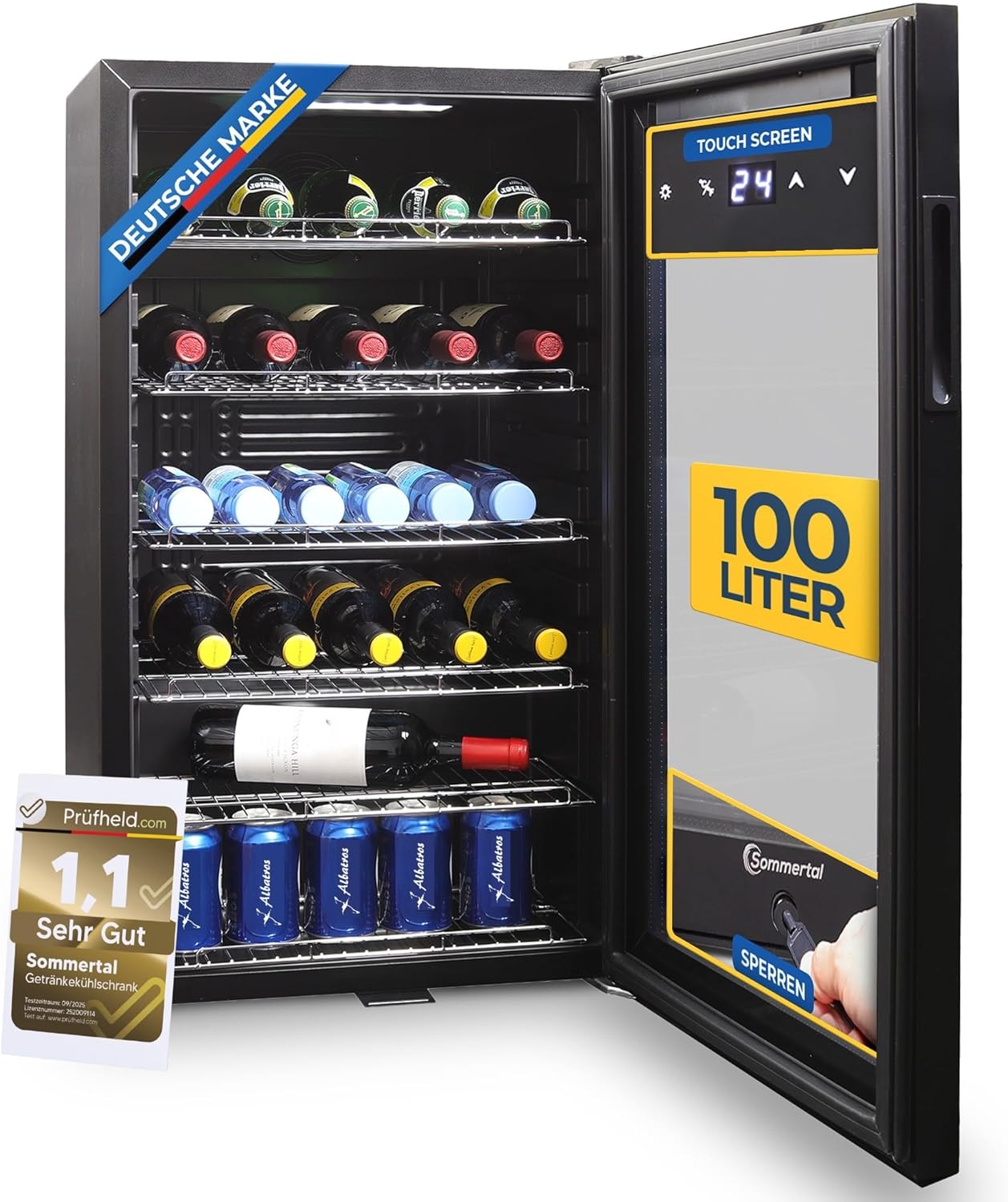 Fridge with Glass Door GK100 - Quiet Drinks Fridge with LED, Touchscreen & Lock Small Bottle Fridge Black 100L
