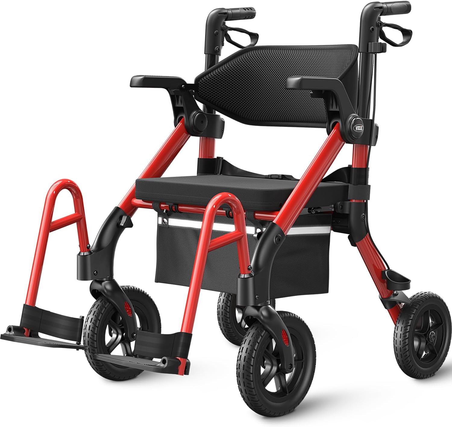 VOCIC Z55 Rollator Wheelchair Foldable and Lightweight with Seat, 2-in-1 Wheelchair Folding Rollators for Seniors, Outdoor Rubber Tires for All Terrain, Aluminum Walker Transport Chair, Red