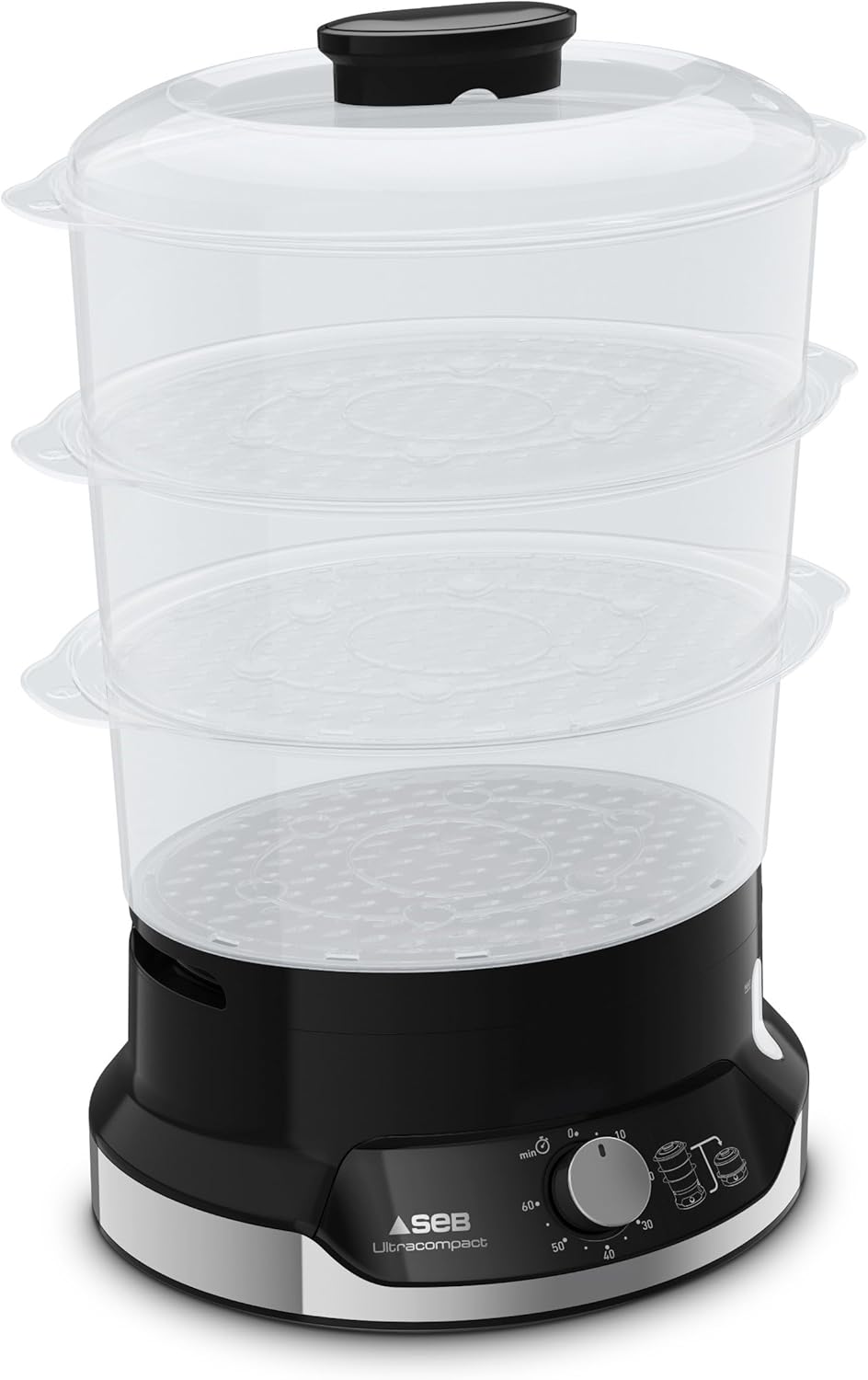 Seb Ultracompact Steamer, Healthy Cooking, 9 L, 800 W, 3 Stackable Bowls, Rice and Cereal Bowl, 60 Minute Timer, Automatic Shut-Off, Visible Water Level, Easy to Store VC204800