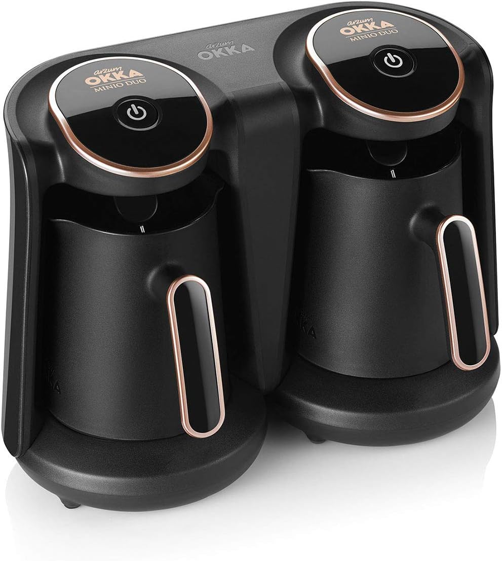 Arzum Store Arzum OKKA Minio Duo Turkish Coffee Machine, 1-8 Cup Capacity, Washable Coffee Pot, Acoustic Alarm System, Compact Design, 880 W Power, Black/Copper