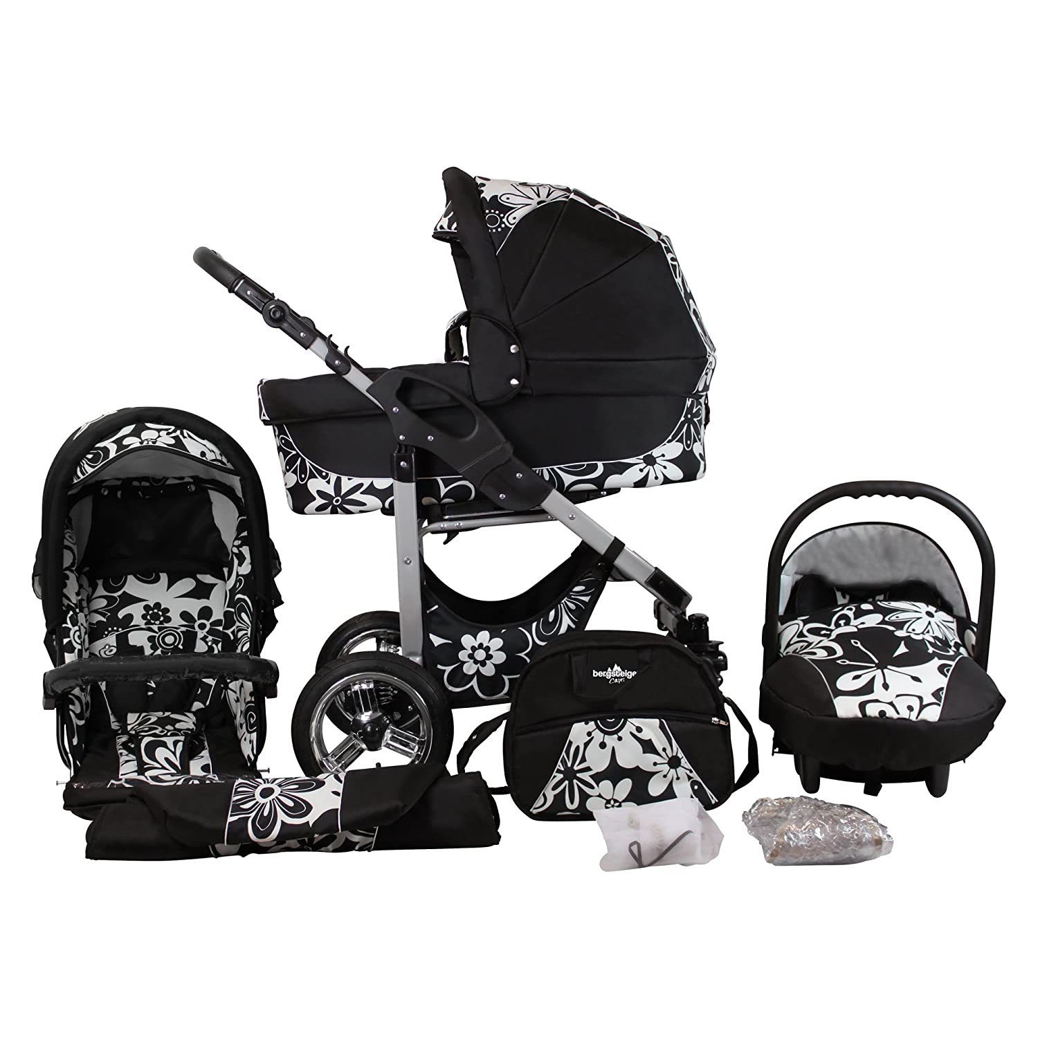 Bergsteiger Capri pushchair 3 in 1 combination pushchair Megaset 10 parts incl. Baby seat, baby carriage, sports pram and accessories.