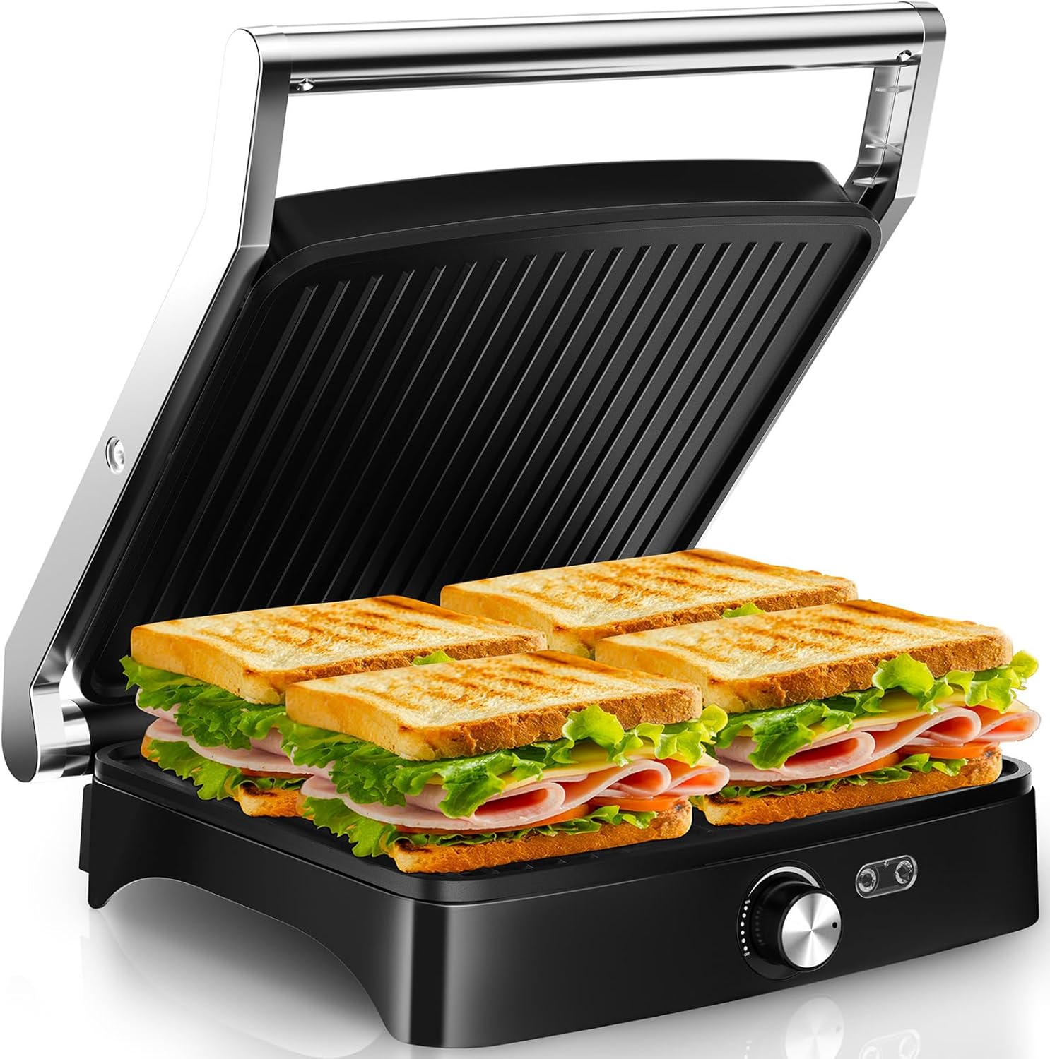 YASHE 2000W Contact Grill, Panini Grill with 4 Slices, 180° Opening, Non-Stick Plates, Temperature Adjustable, Cool Touch Handle, Grease Tray, Silver/Stainless Steel