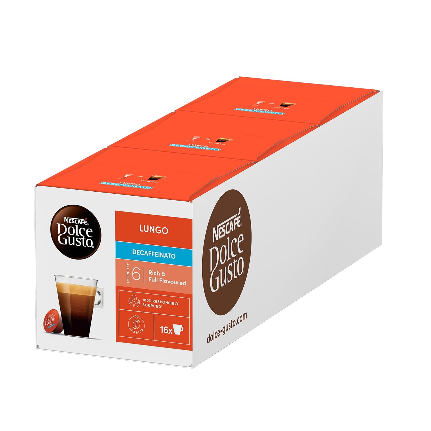 NESCAFÉ DOLCE GUSTO Lungo Decaffeinato Coffee Capsules Pack of 3 (3 x 16 Capsules)