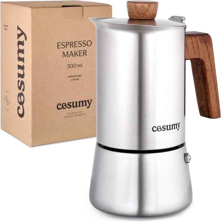 Cosumy Espresso Maker Induction Suitable for All Hobs - Stainless Steel Mocha Pot 6 Cups and FSC Oak Wood - Extra Silicone Seal - 300 ml