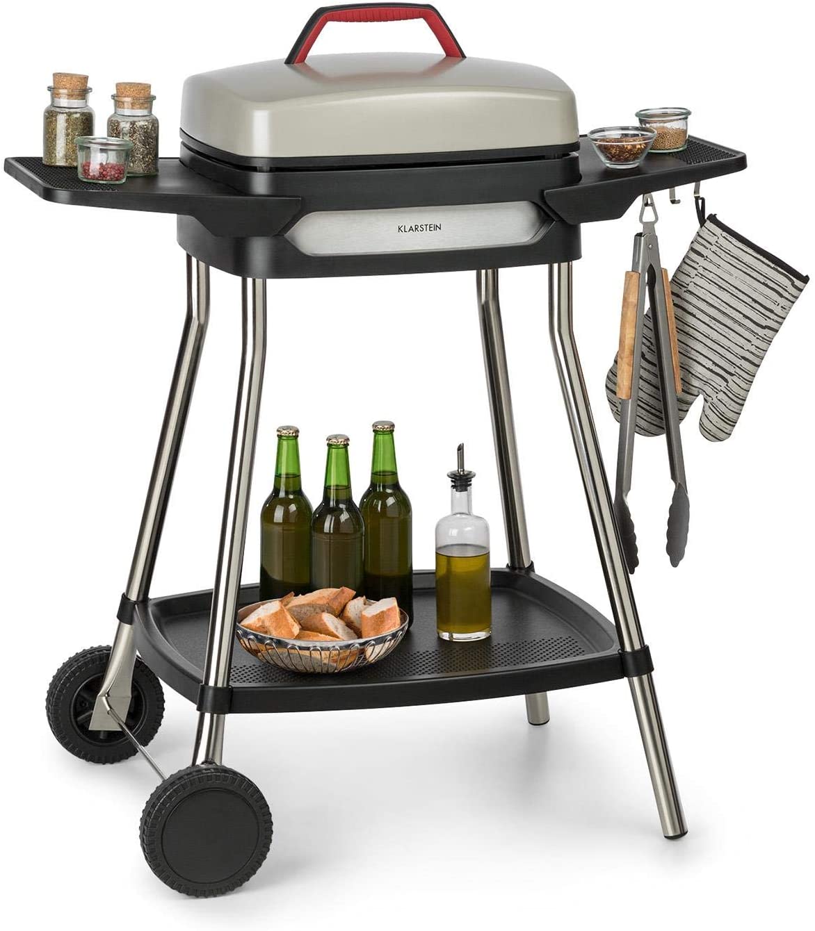 Klarstein Gatsby Electric Grill Table Grill Power: 2000 W, EasyGrill Concept, Grill Surface: 40 x 36 cm, Die-Cast Aluminium, Non-Stick, Grill Hood, Two Side Tables, Beige/Black