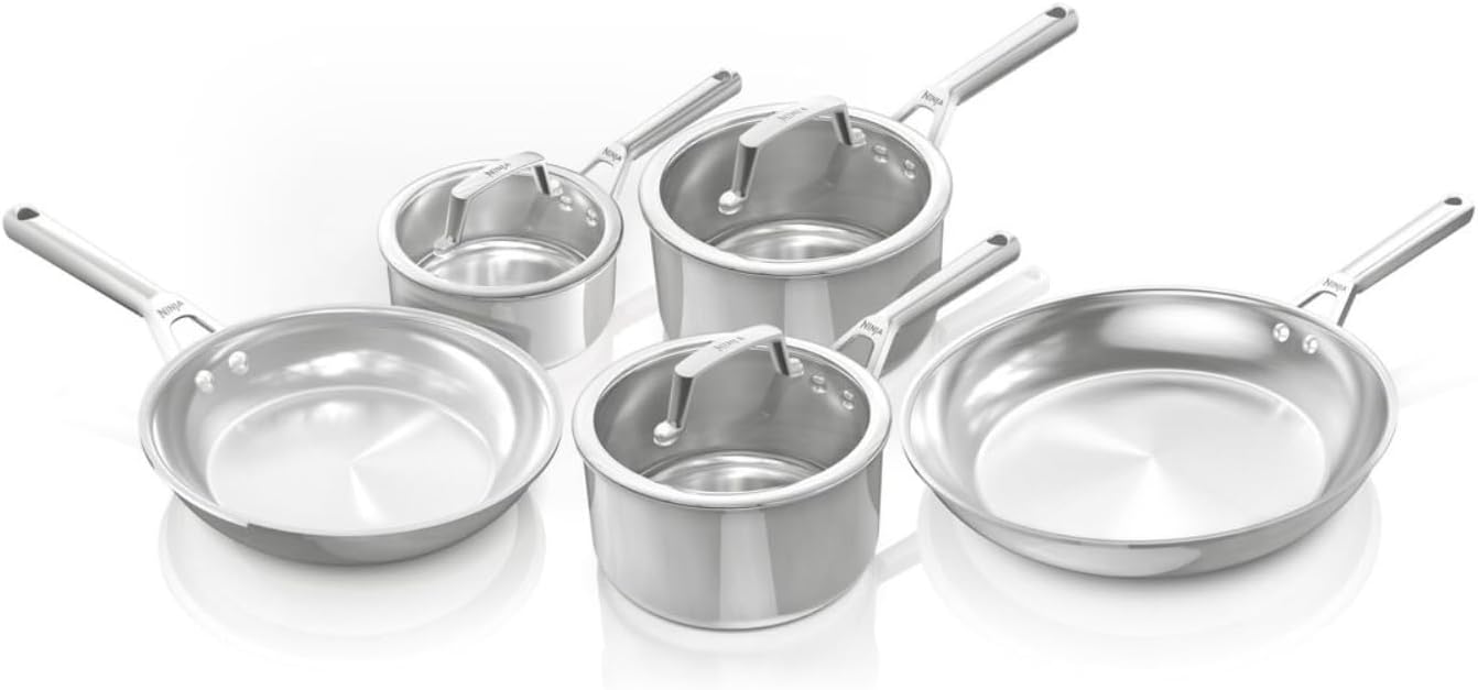 Ninja EverClad C95005EUI 5 Piece Stainless Steel Cookware Set Suitable for All Hob Types Including Induction Oven Safe 100% Induction Base Cookware Set